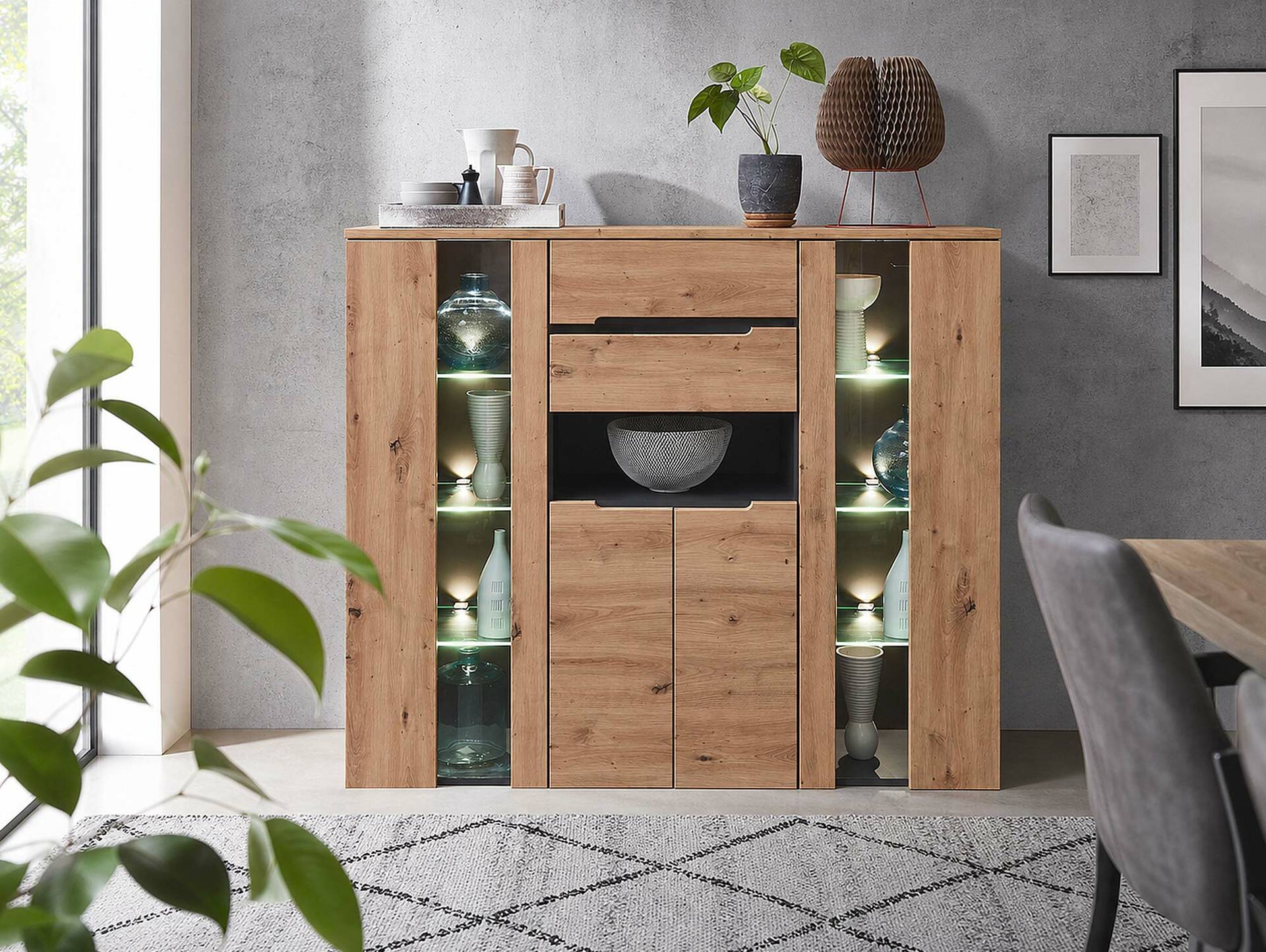 MAILAND Highboard, Material Dekorspanplatte Artisan eichefarbig / Graphit