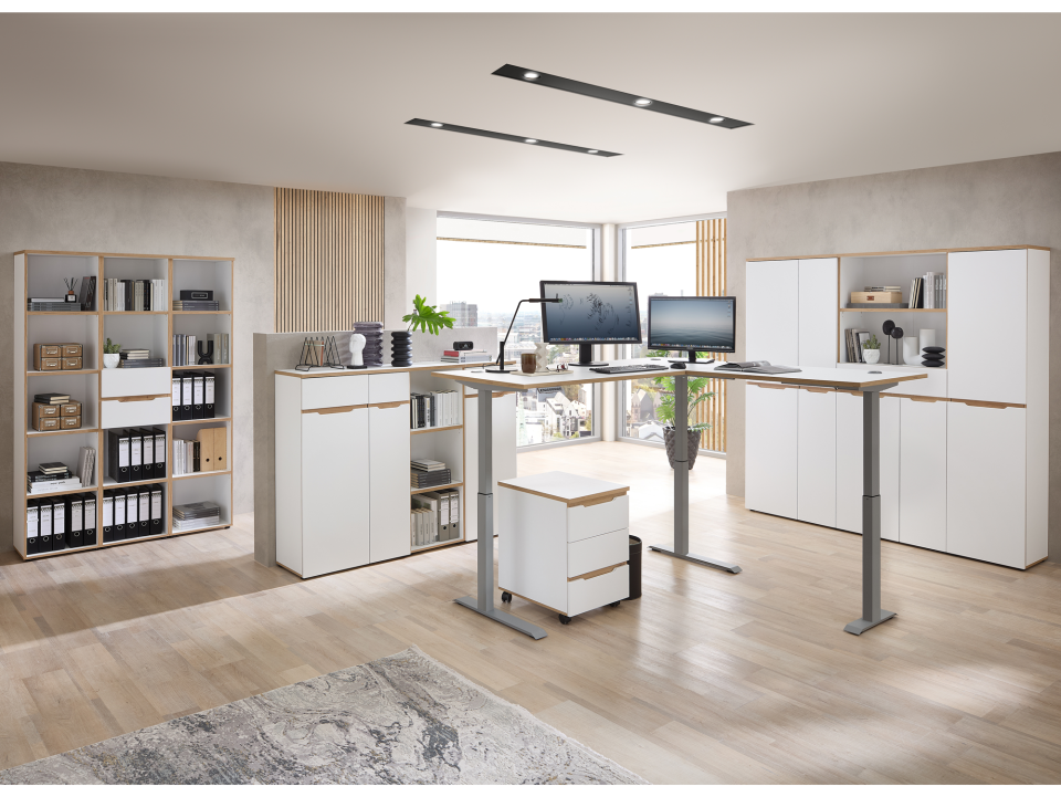 MAILAND höhenverstellbarer Eckschreibtisch, Material Dekorspanplatte, weiß/eichefarbig weiss/eichefarbig