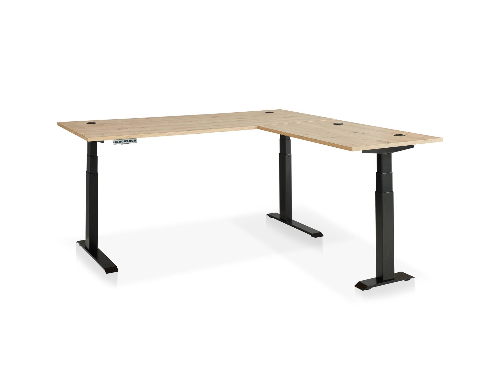 MAILAND höhenverstellbarer Eckschreibtisch, Material Dekorspanplatte, weiß/eichefarbig graphit/eichefarbig