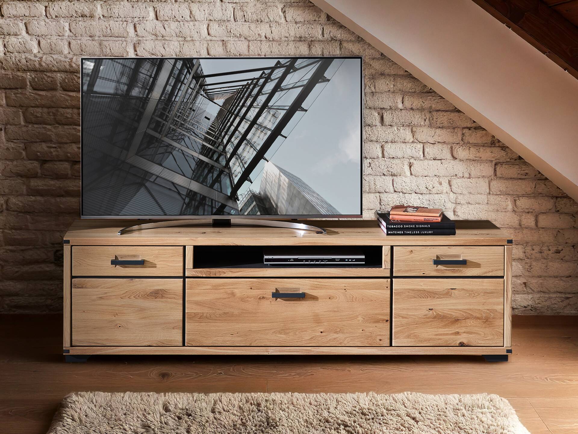 GOJA TV-Element, Material teilmassiv, Artisan Wildeiche/graphitfarbig 