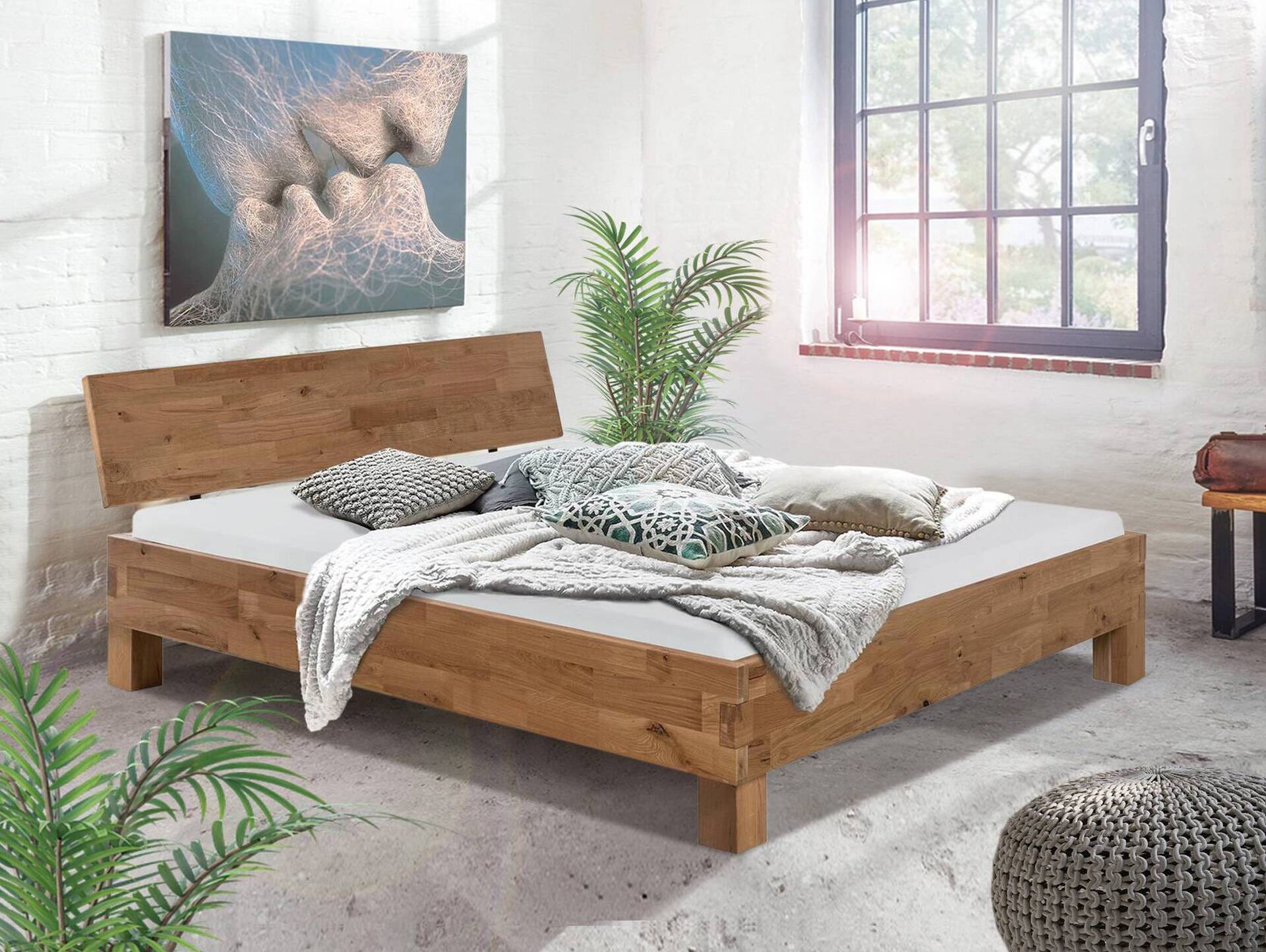 CORDINO 4-Fuß-Bett aus Eiche mit Kopfteil, Material Massivholz 200 x 200 cm | Eiche unbehandelt | gebürstet