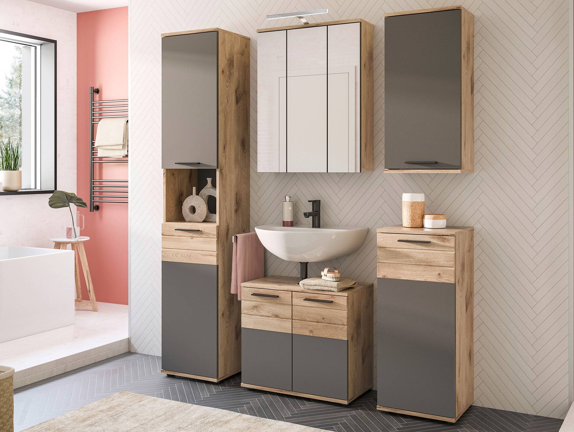 MORANO Badezimmerset I, Material Dekorspanplatte, Nox Oak Nachbildung/Basaltgrau 