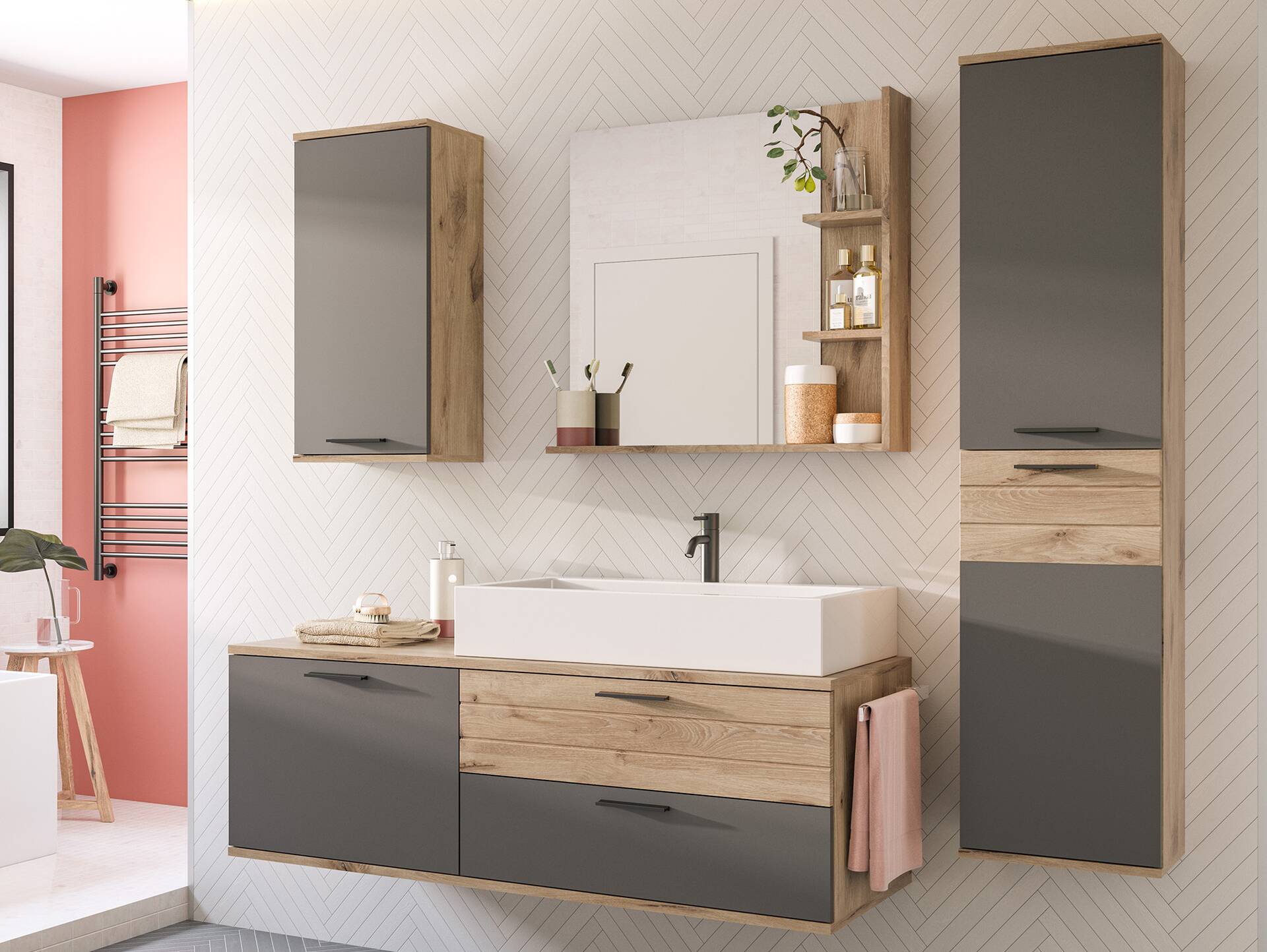 MORANO Badezimmerset II, Material Dekorspanplatte, Nox Oak Nachbildung/Basaltgrau 