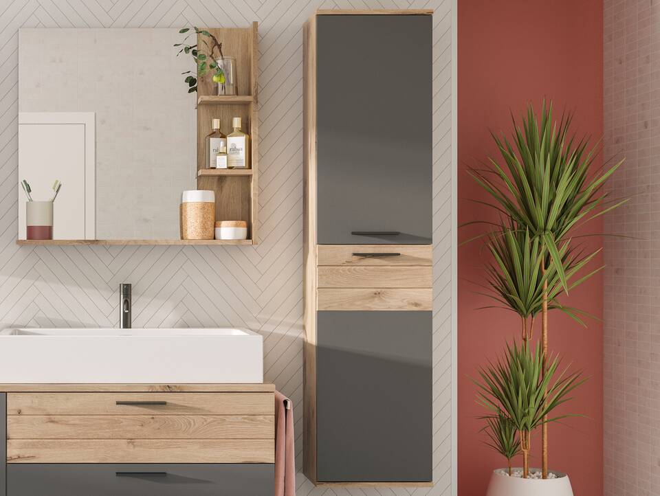 MORANO Hänge-Hochschrank fürs Badezimmer, Material Dekorspanplatte, Nox Oak Nachbildung/Basaltgrau 