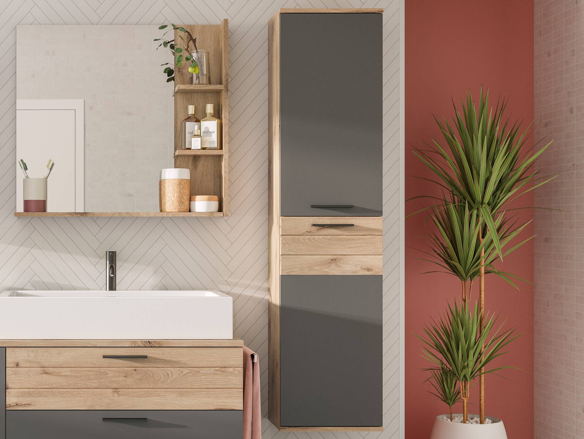 MORANO Hänge-Hochschrank fürs Badezimmer, Material Dekorspanplatte, Nox Oak Nachbildung/Basaltgrau 