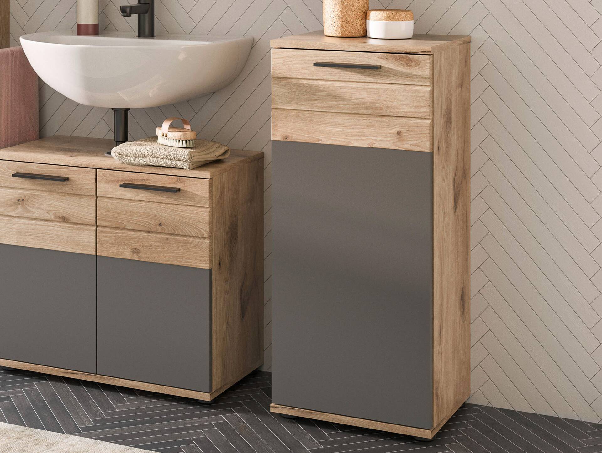MORANO Standschrank fürs Badezimmer, Material Dekorspanplatte, Nox Oak Nachbildung/Basaltgrau 
