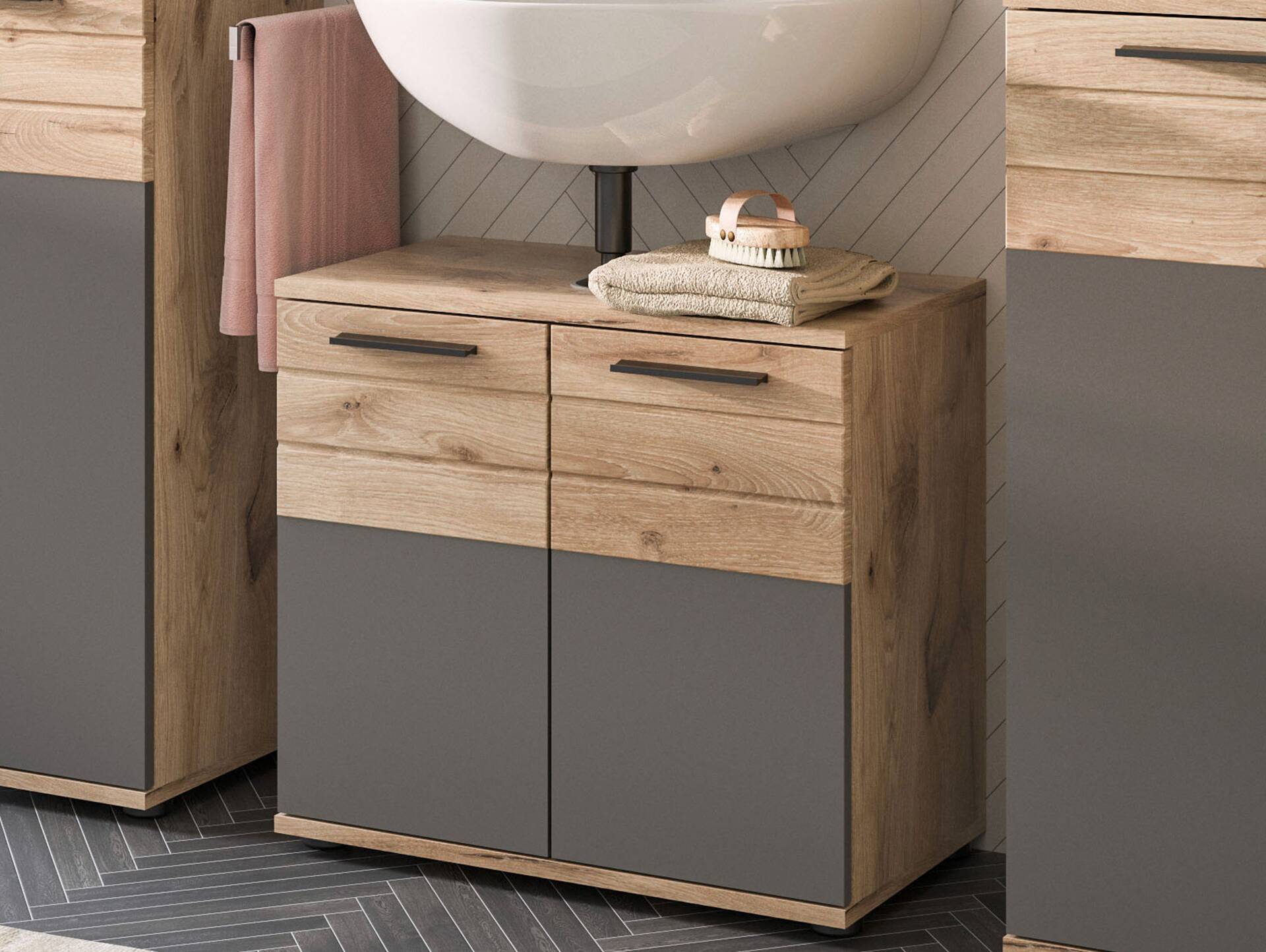 MORANO Waschbeckenunterschrank, Material Dekorspanplatte, Nox Oak Nachbildung/Grau 