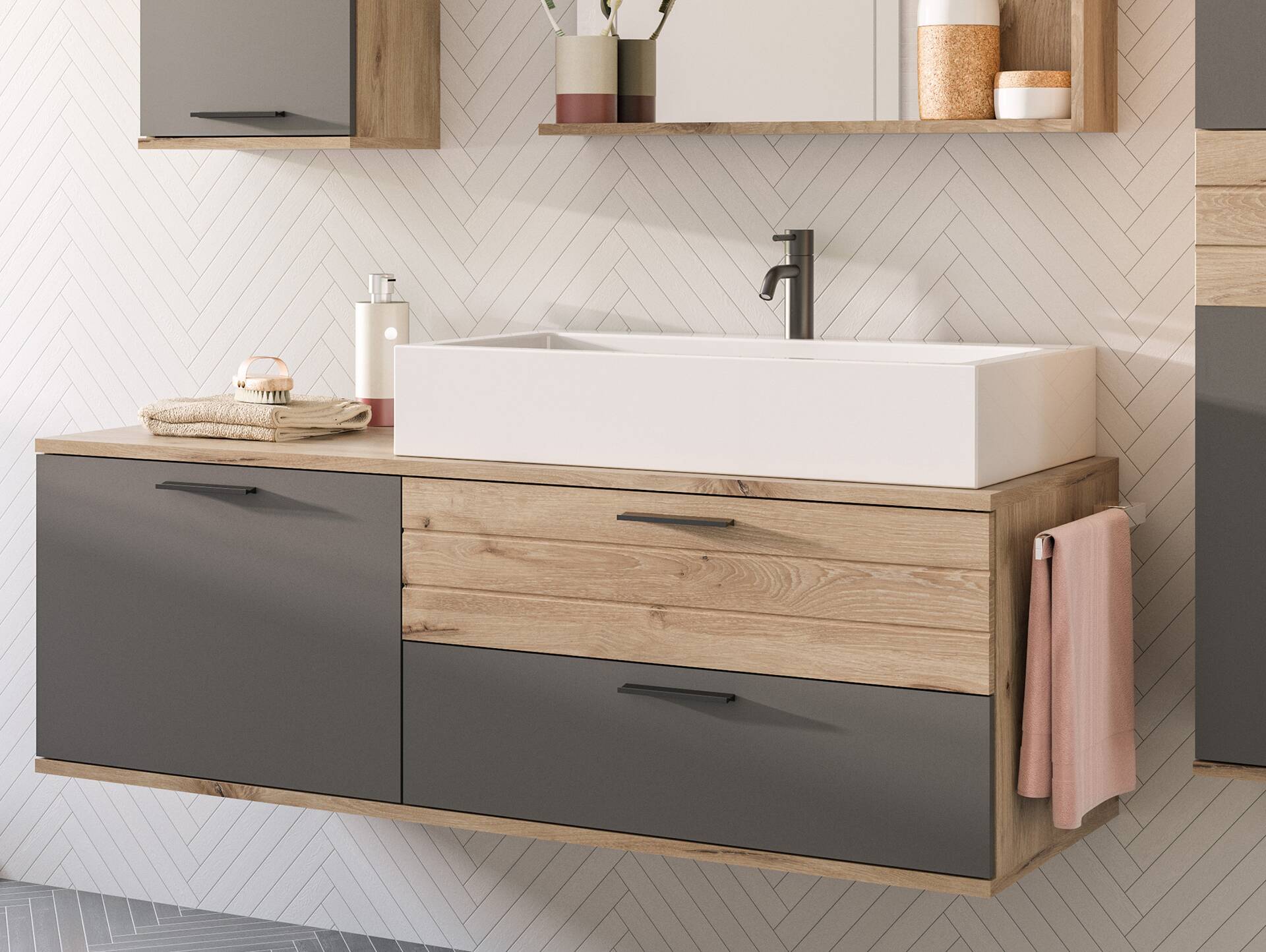 MORANO Waschtisch inkl. Becken, Material Dekorspanplatte, Nox Oak Nachbildung/Basaltgrau 