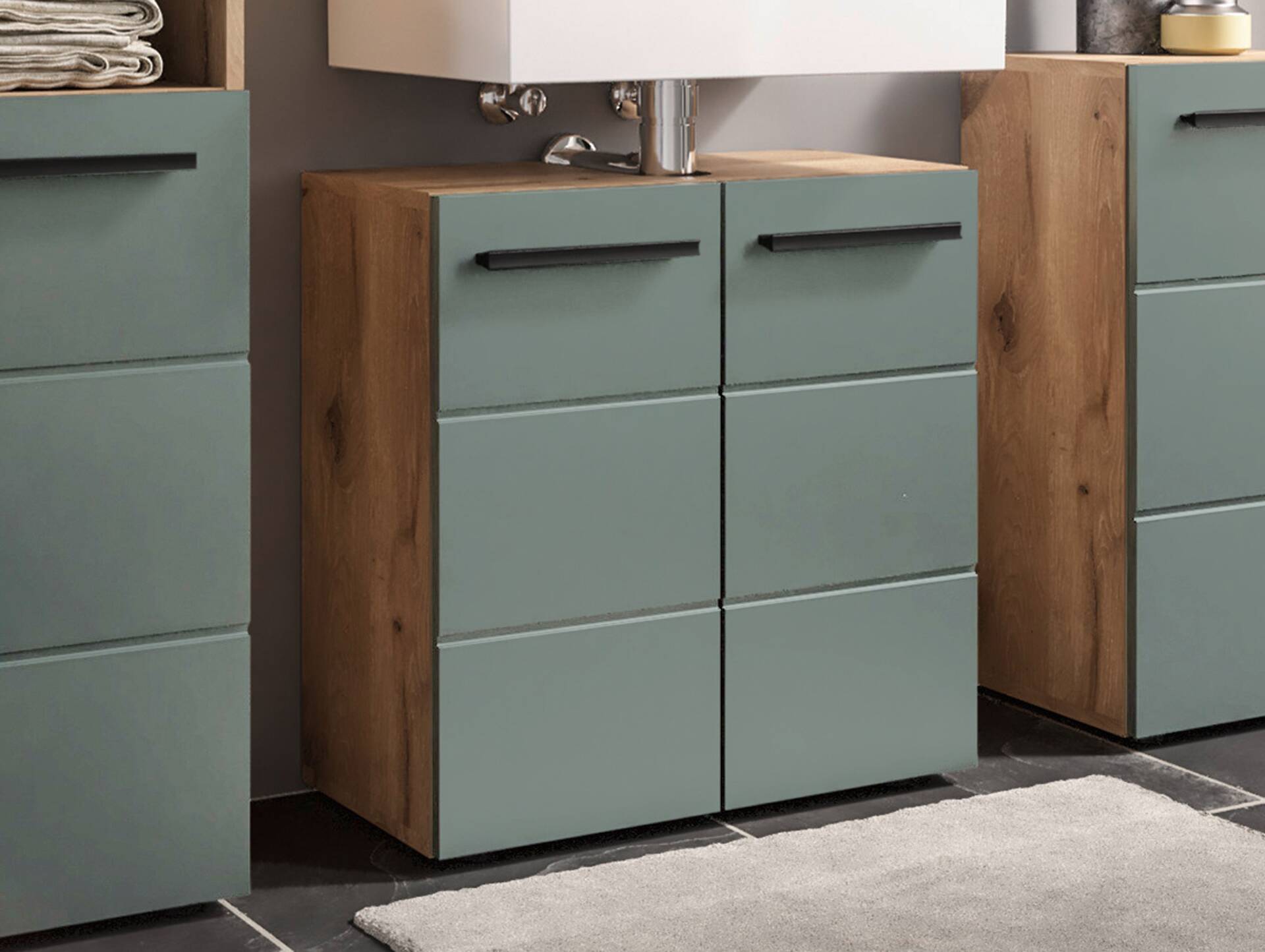 VALENCE Waschbeckenunterschrank, Material Dekorspanplatte, Eiche Nachbildung/schilfgrün 