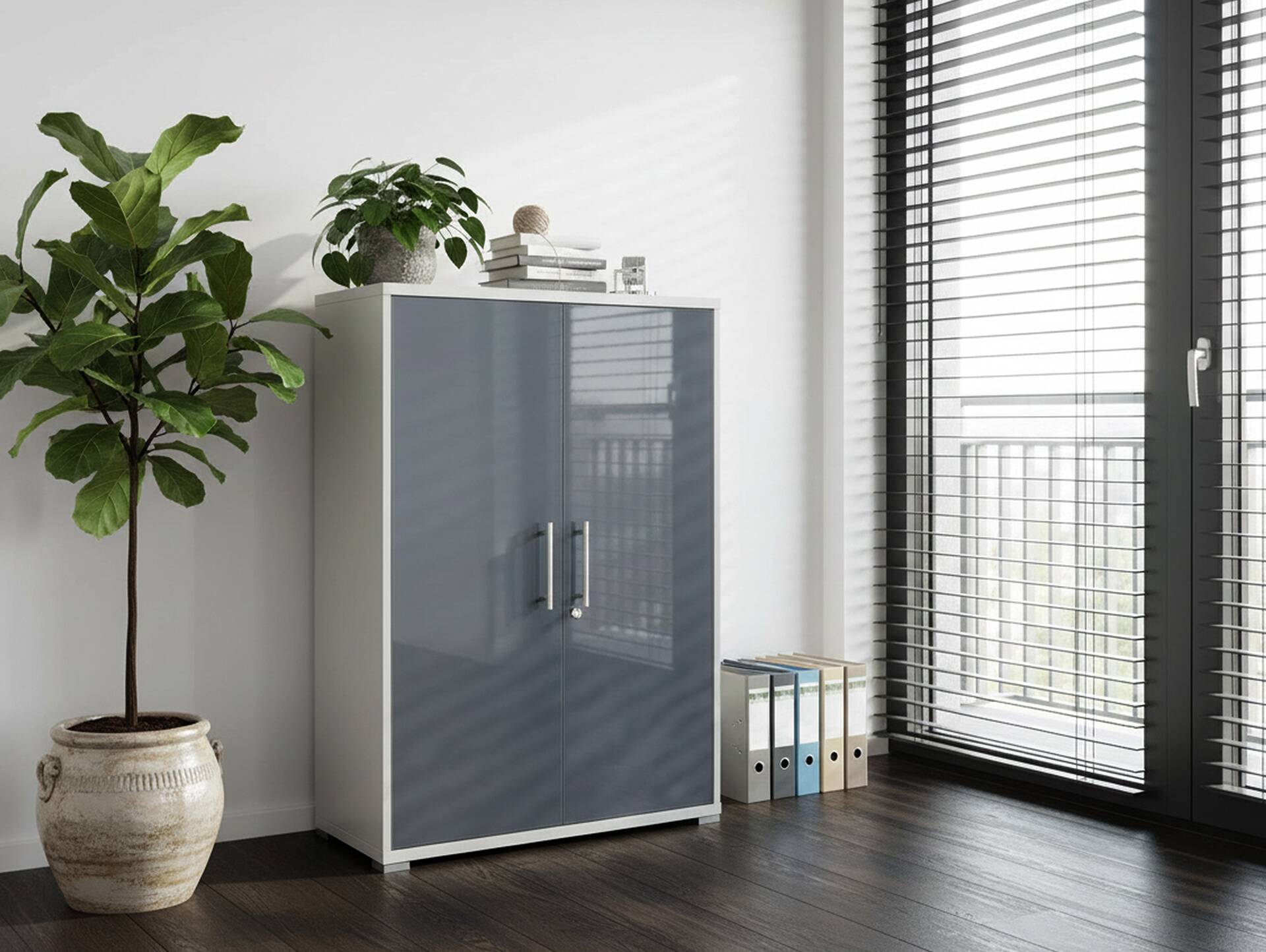 OFFICE DELUXE Büroschrank niedrig, Material Dekorspanplatte/Glas, grau/graphit lackiert 