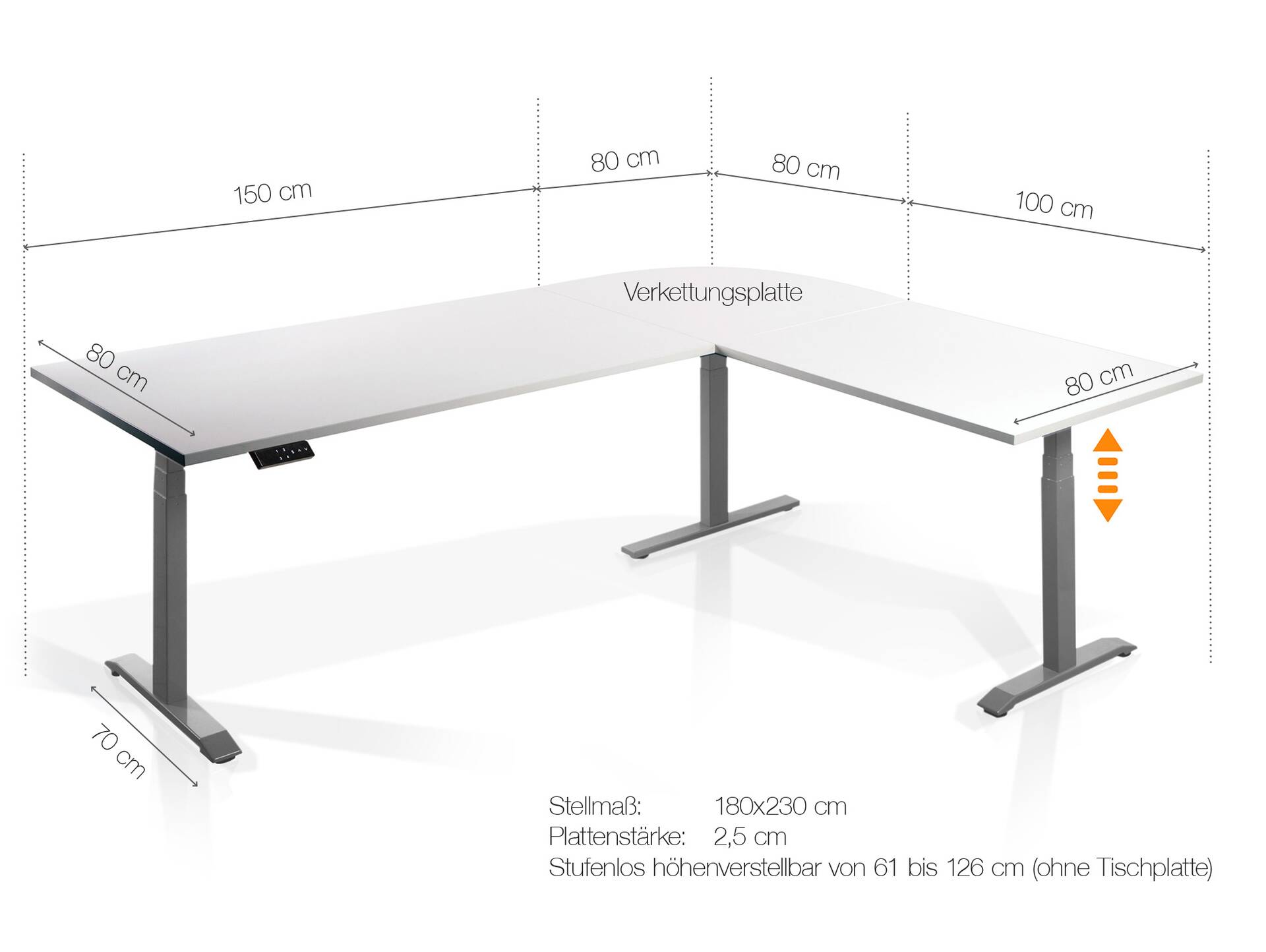 OFFICE ONE elektrisch höhenverstellbarer Eckschreibtisch mit Memory-Funktion, Dekorspanplatte grau | weiß