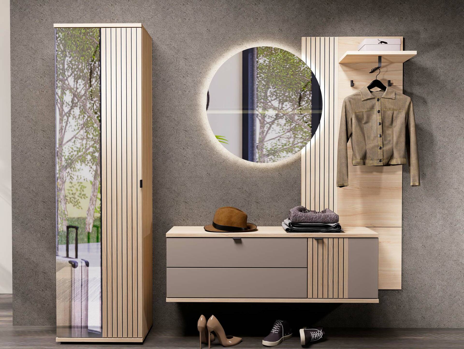 PELMO Hänge-Schuhschrank, Material Dekorspanplatte, Basaltfarbig/Riva Eiche Nachb 