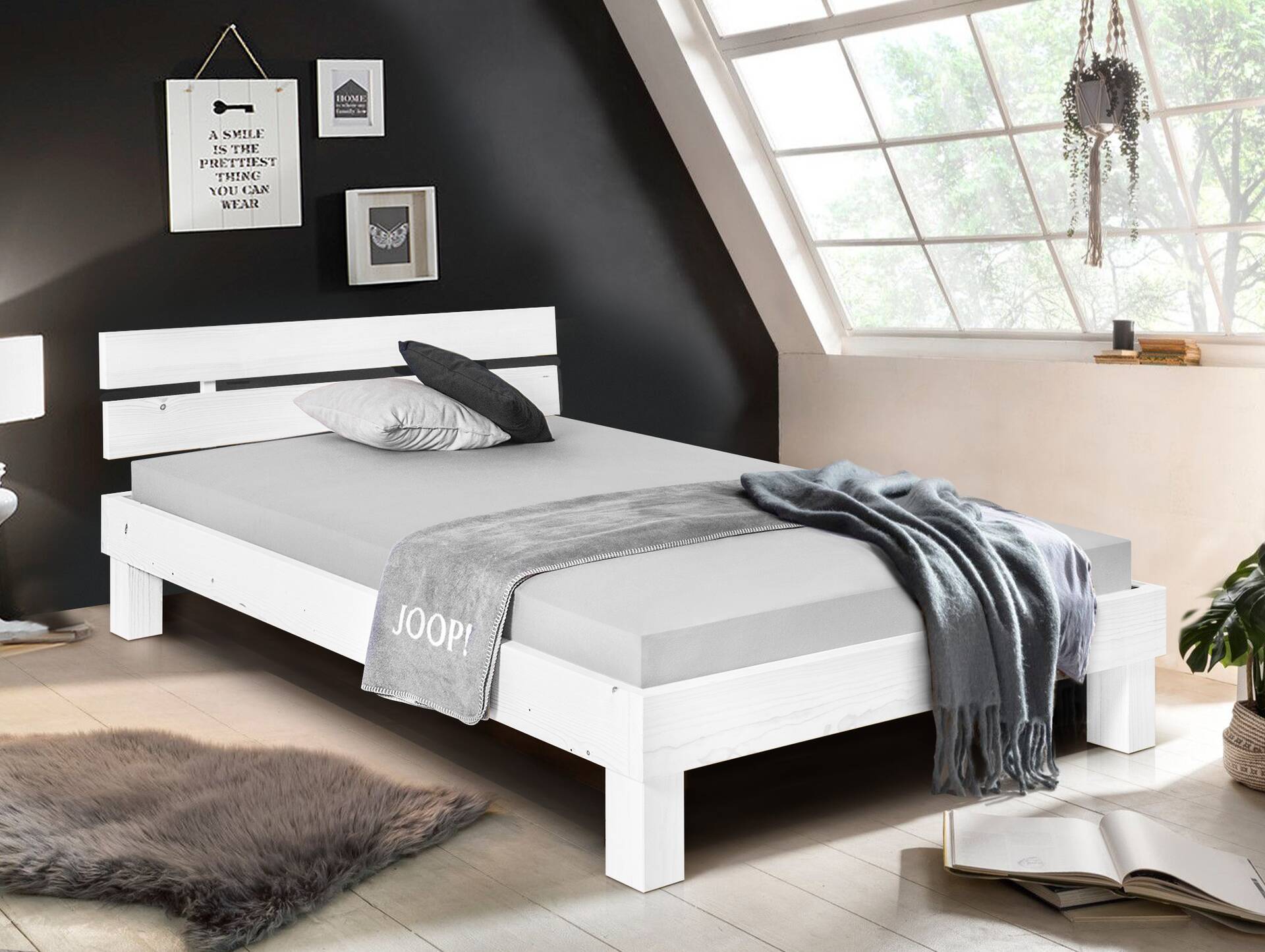 PUMBA Massivholzbett mit Kopfteil, Material Massivholz, Fichte 90 x 200 cm | weiss | Standardhöhe