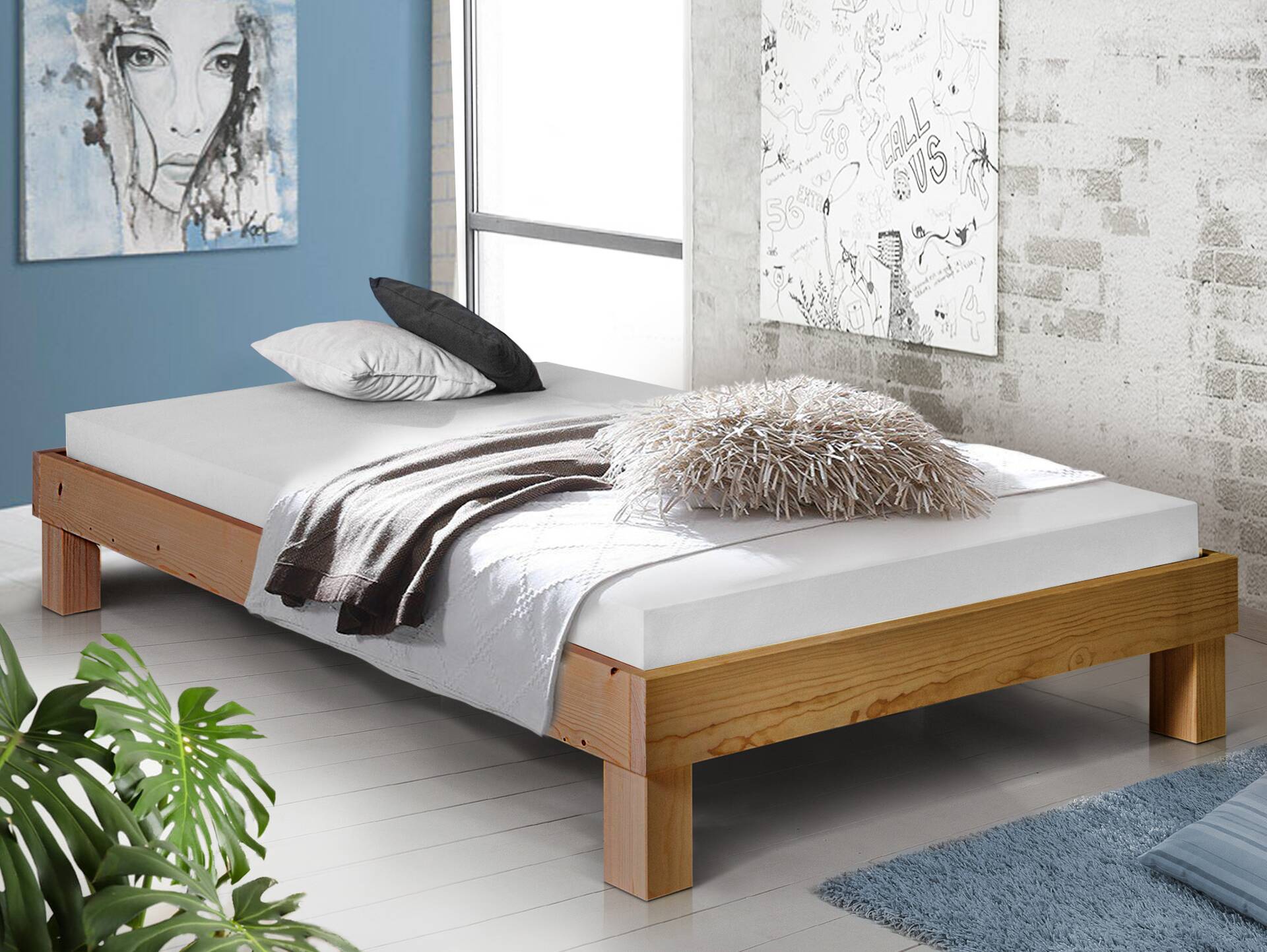 PUMBA Massivholzbett ohne Kopfteil, Material Massivholz, Fichte 140 x 200 cm | eichefarbig | Standardhöhe