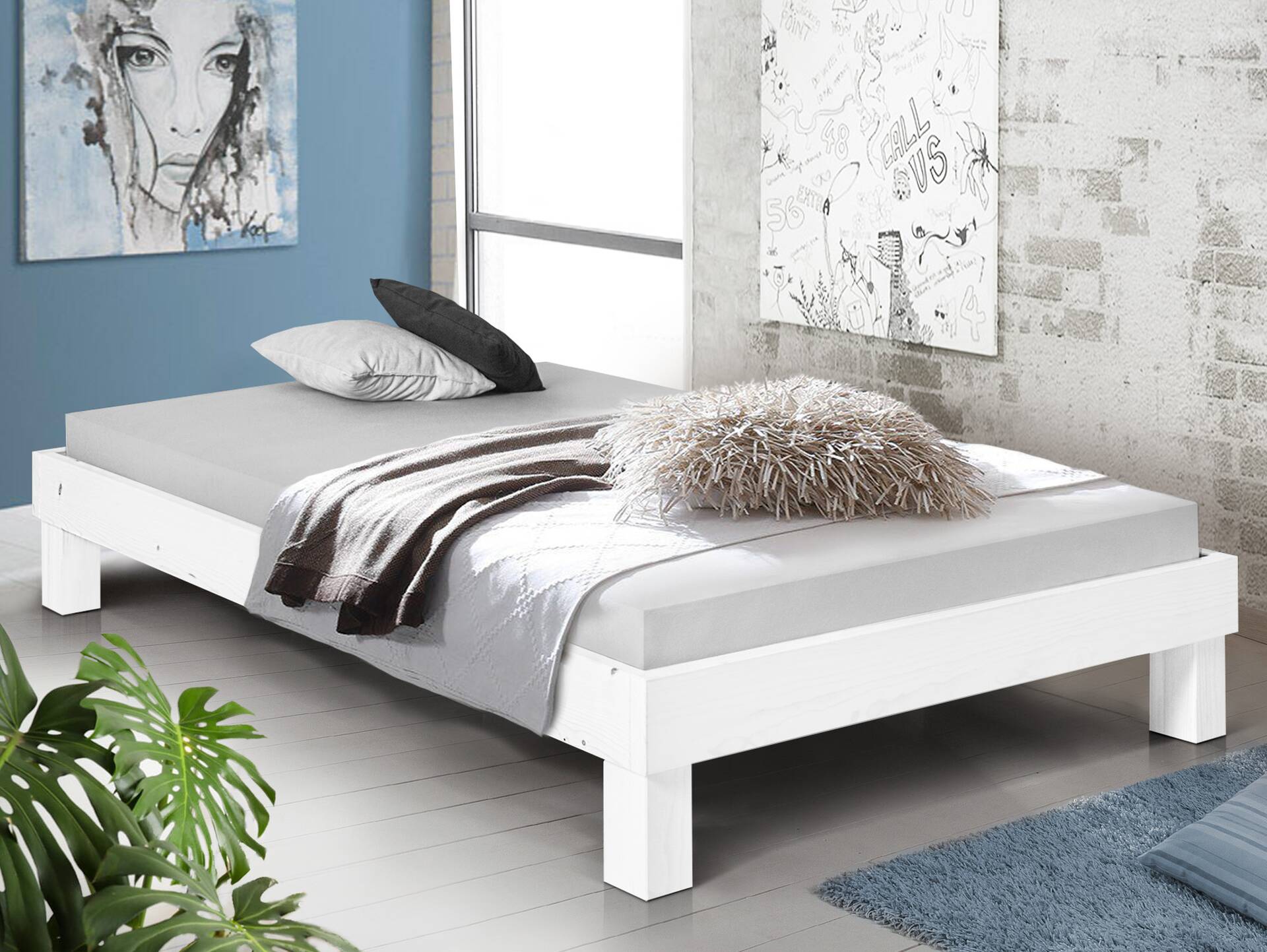PUMBA Massivholzbett ohne Kopfteil, Material Massivholz, Fichte 120 x 200 cm | weiss | Standardhöhe