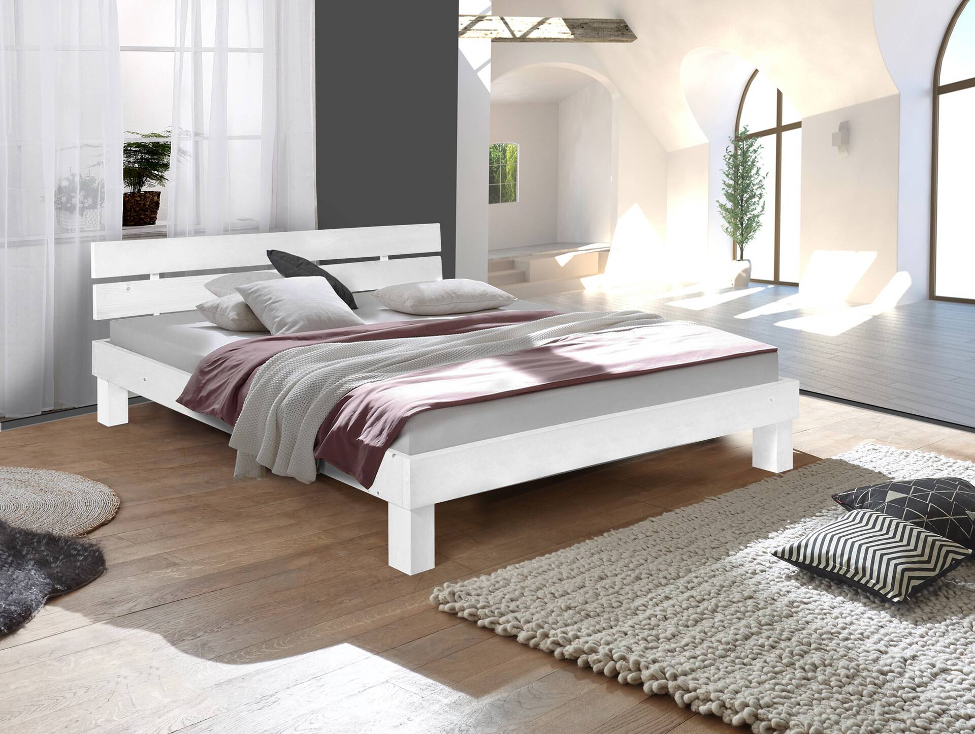 PUMBA Massivholzbett mit Kopfteil, Material Massivholz, Fichte 140 x 200 cm | weiss | Standardhöhe