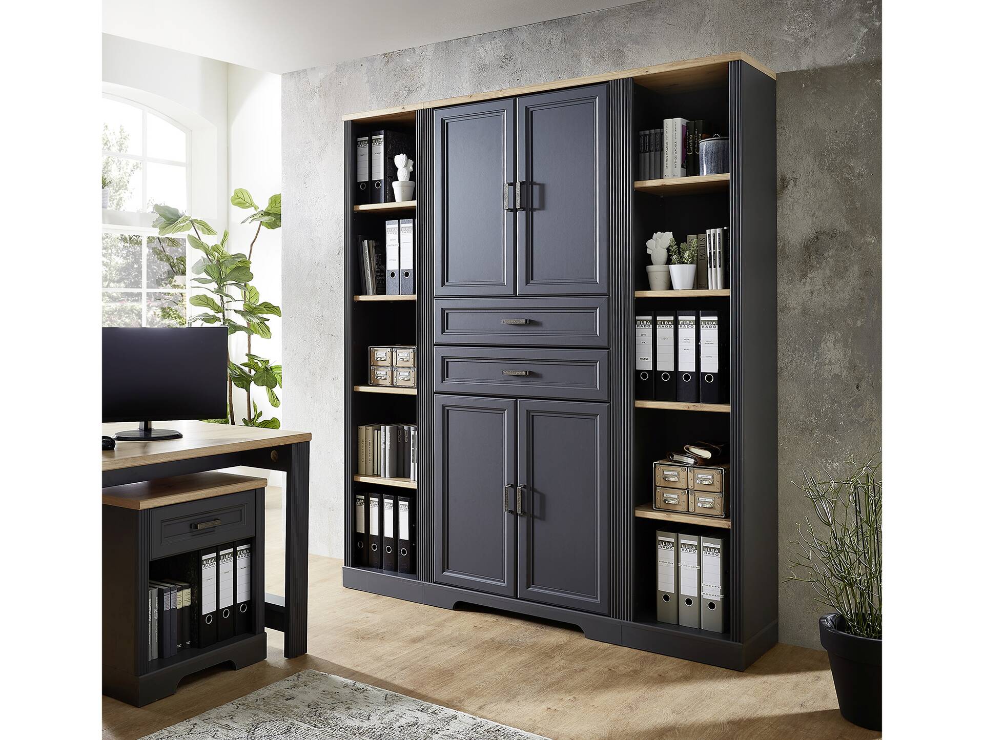 JADY Büroschrank, 4 Türen + 2 Schubkästen, Material MDF/Dekorspanplatte graphitfarbig/eichefarbig