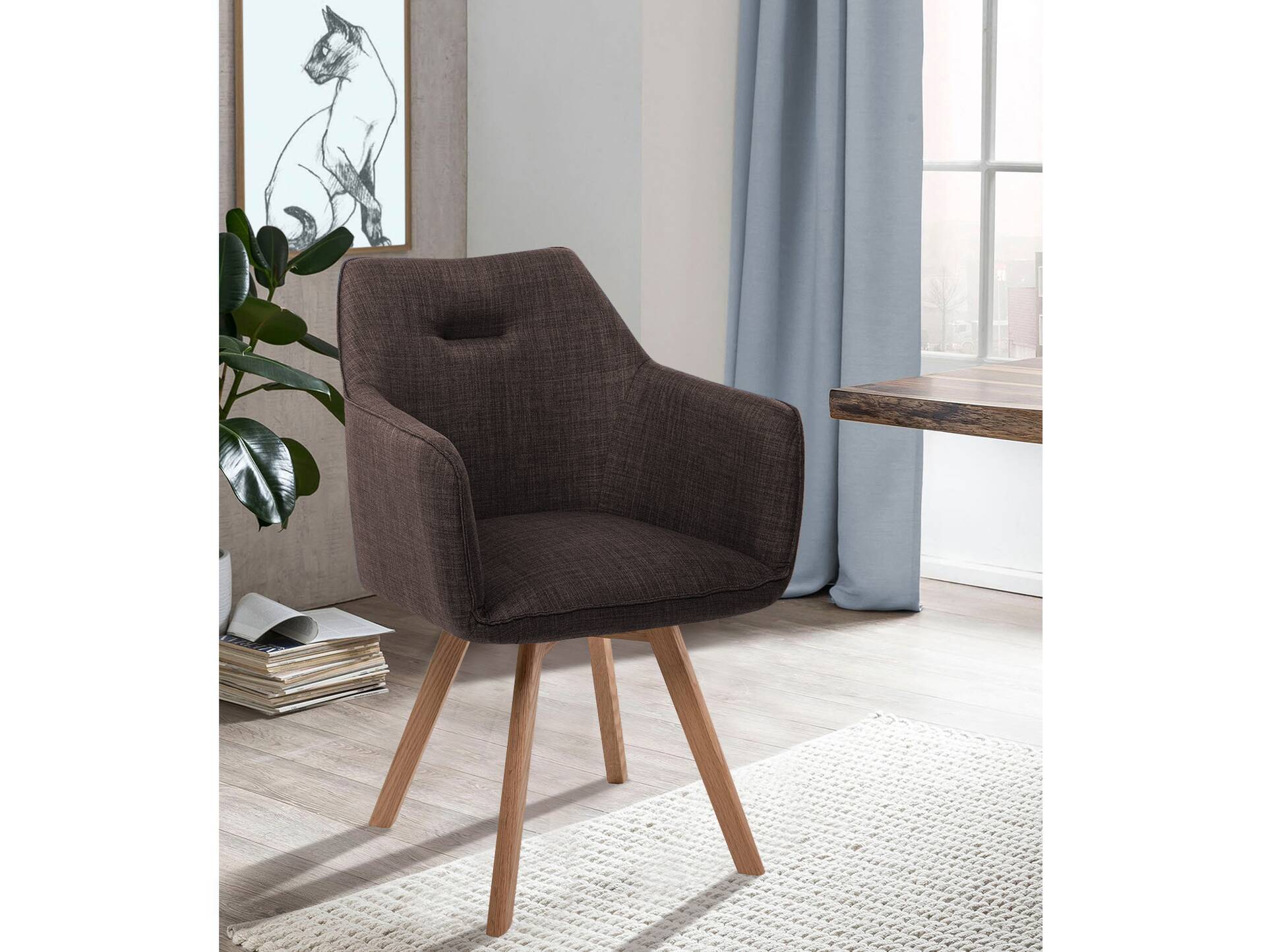 ROOKY 2er Set Schalenstuhl, Gestell Eiche massiv/Bezug Stoff braun | ohne Drehfunktion