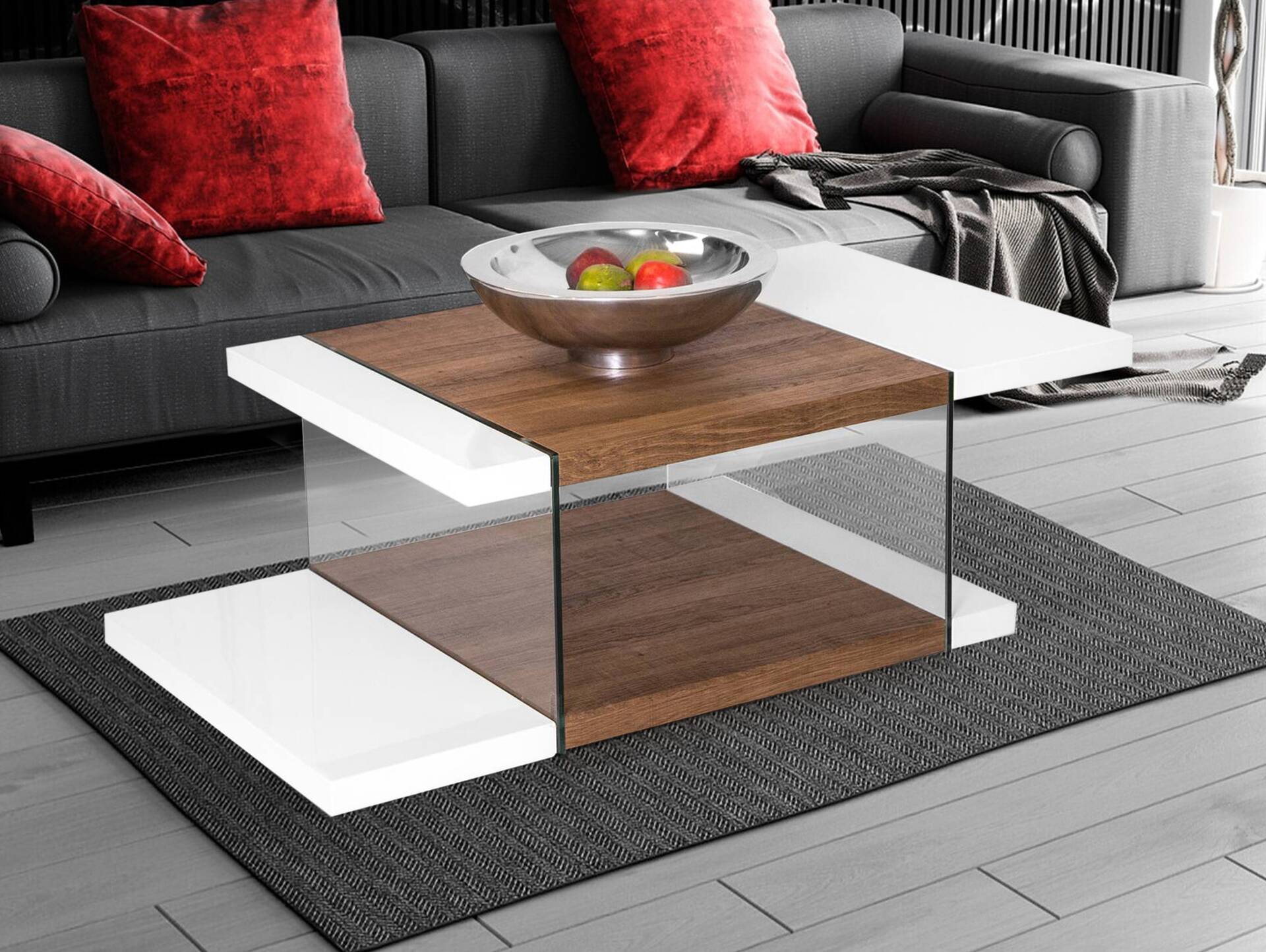 SOLITO Couchtisch, Material MDF, weiss/eichefarbig mit Glas 