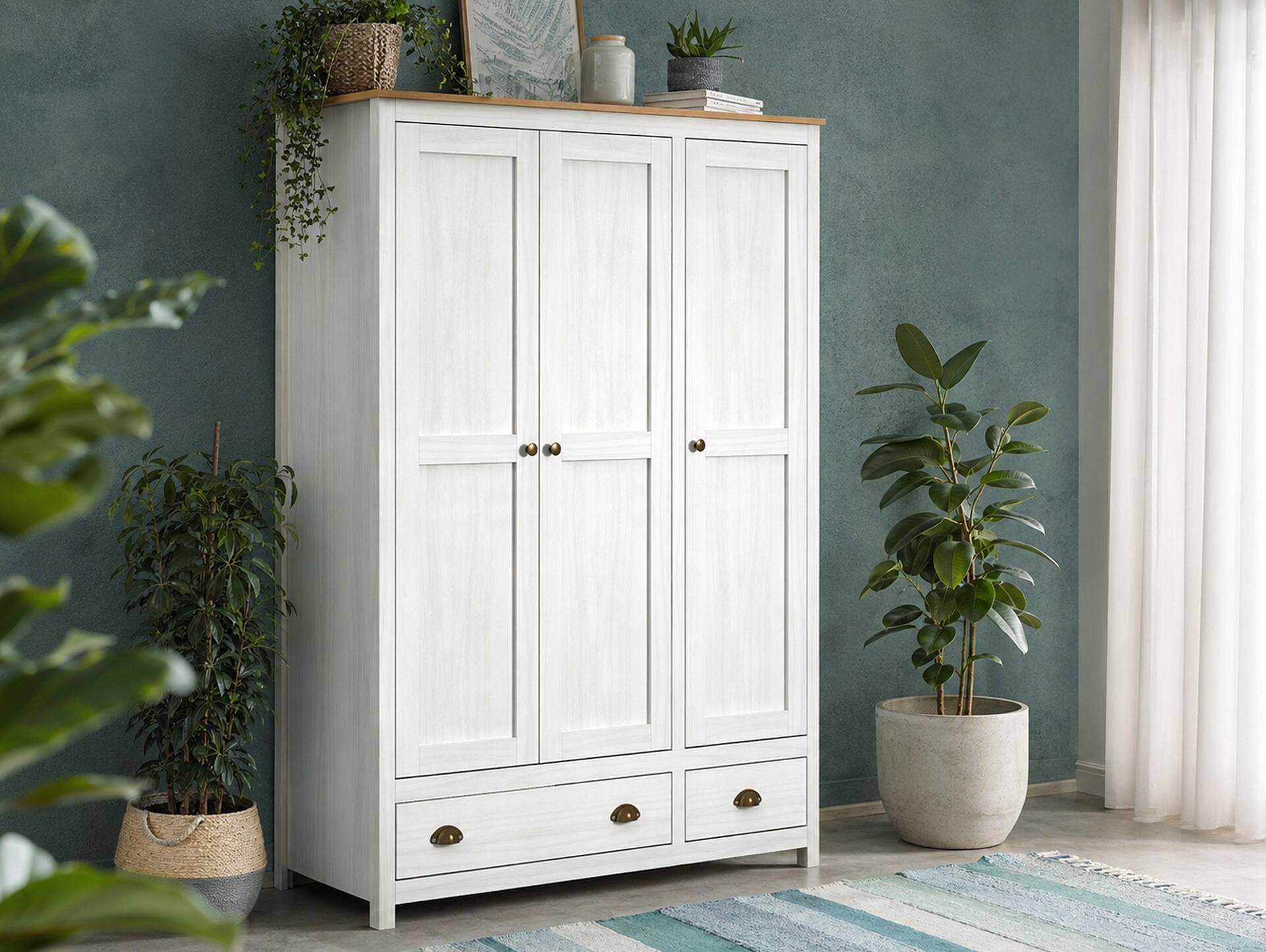 TRICO Kleiderschrank / Drehtürenschrank, Material Massivholz, Kiefer weiss/eichefarbig 3-türig