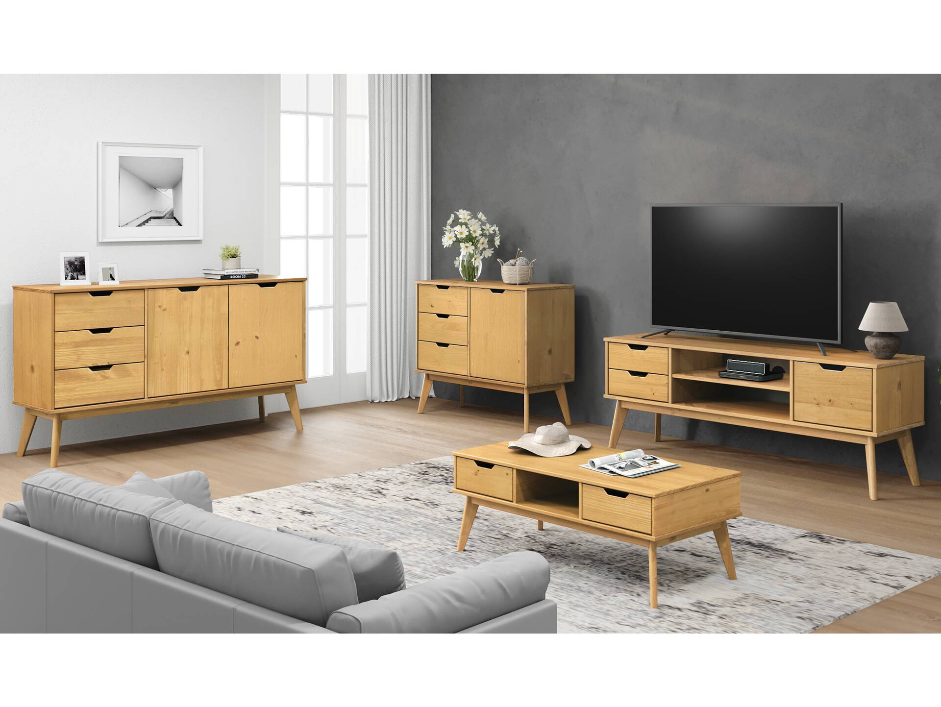 BARNY Sideboard, Material Massivholz, Kiefer Kiefer gewachst