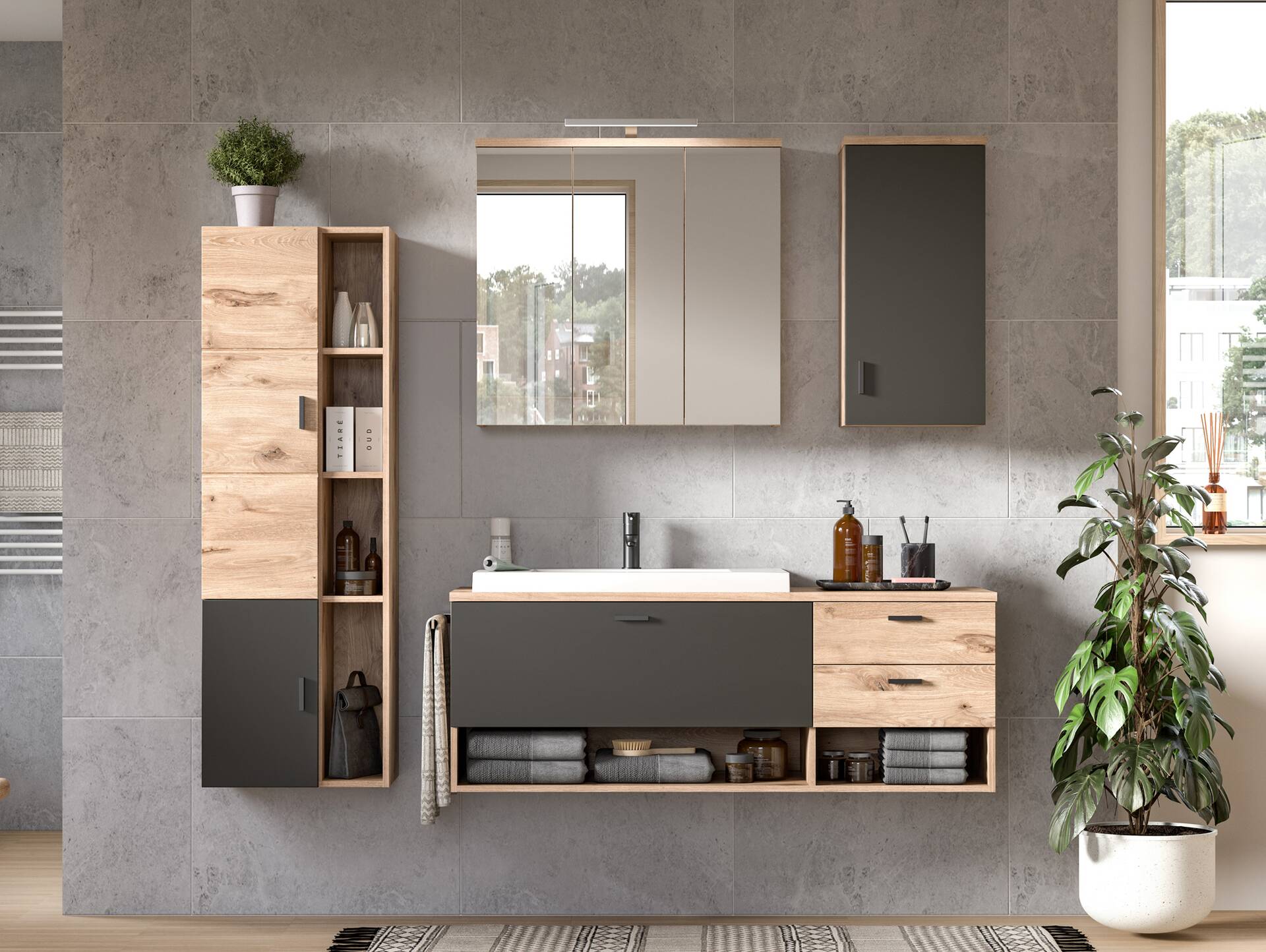 GOLDENBAY Badezimmerset I, Material Dekorspanplatte, Nox Oak Nachbildung/Grau matt 