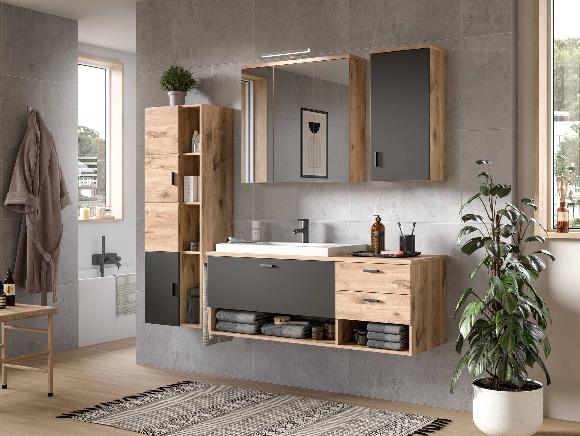 GOLDENBAY Waschtisch inkl. Becken, Material Dekorspanplatte, Nox Oak Nachbildung/Grau matt 