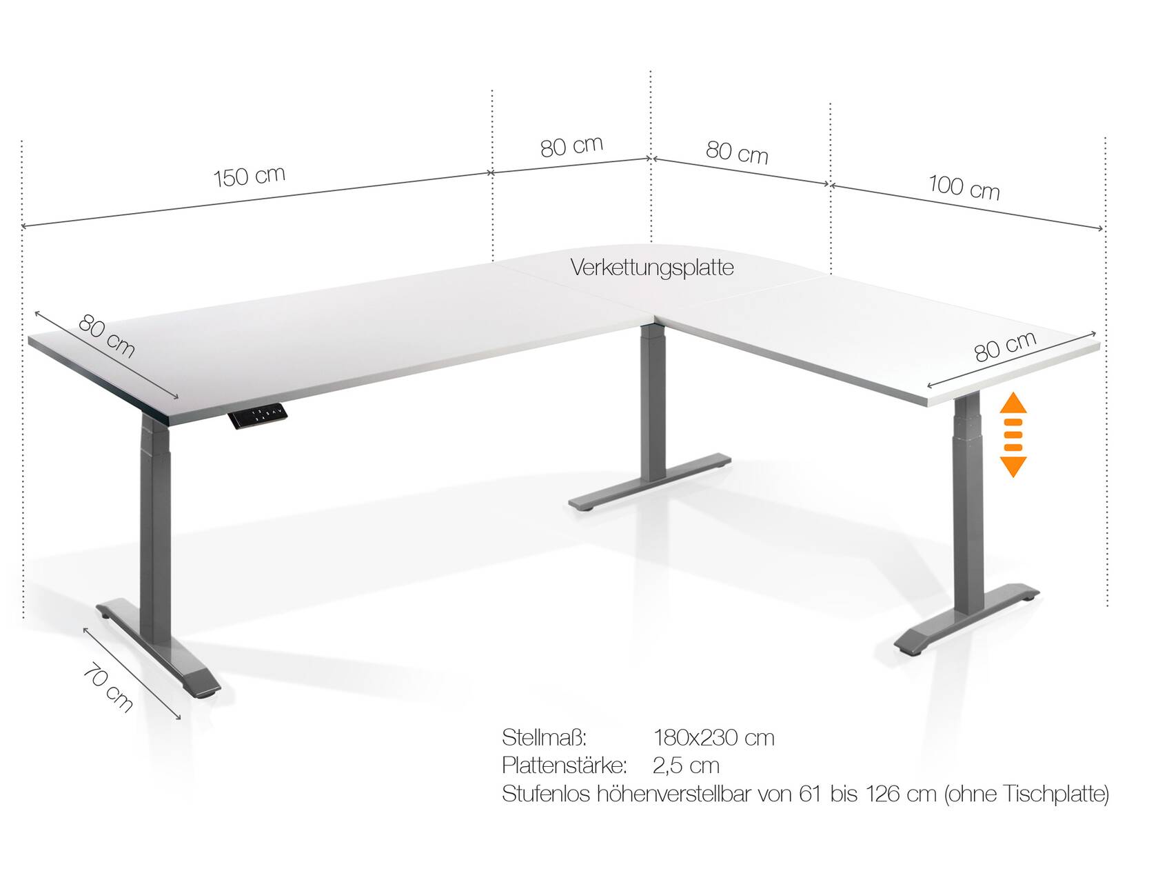 OFFICE ONE elektrisch höhenverstellbarer Eckschreibtisch mit  Memory-Funktion, Dekorspanplatte grau