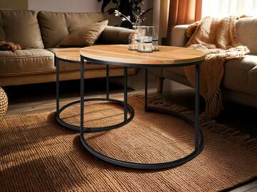 MOONAY 2-er Set Couchtische, Material Massivholz/Metall, Eiche geölt/schwarz 