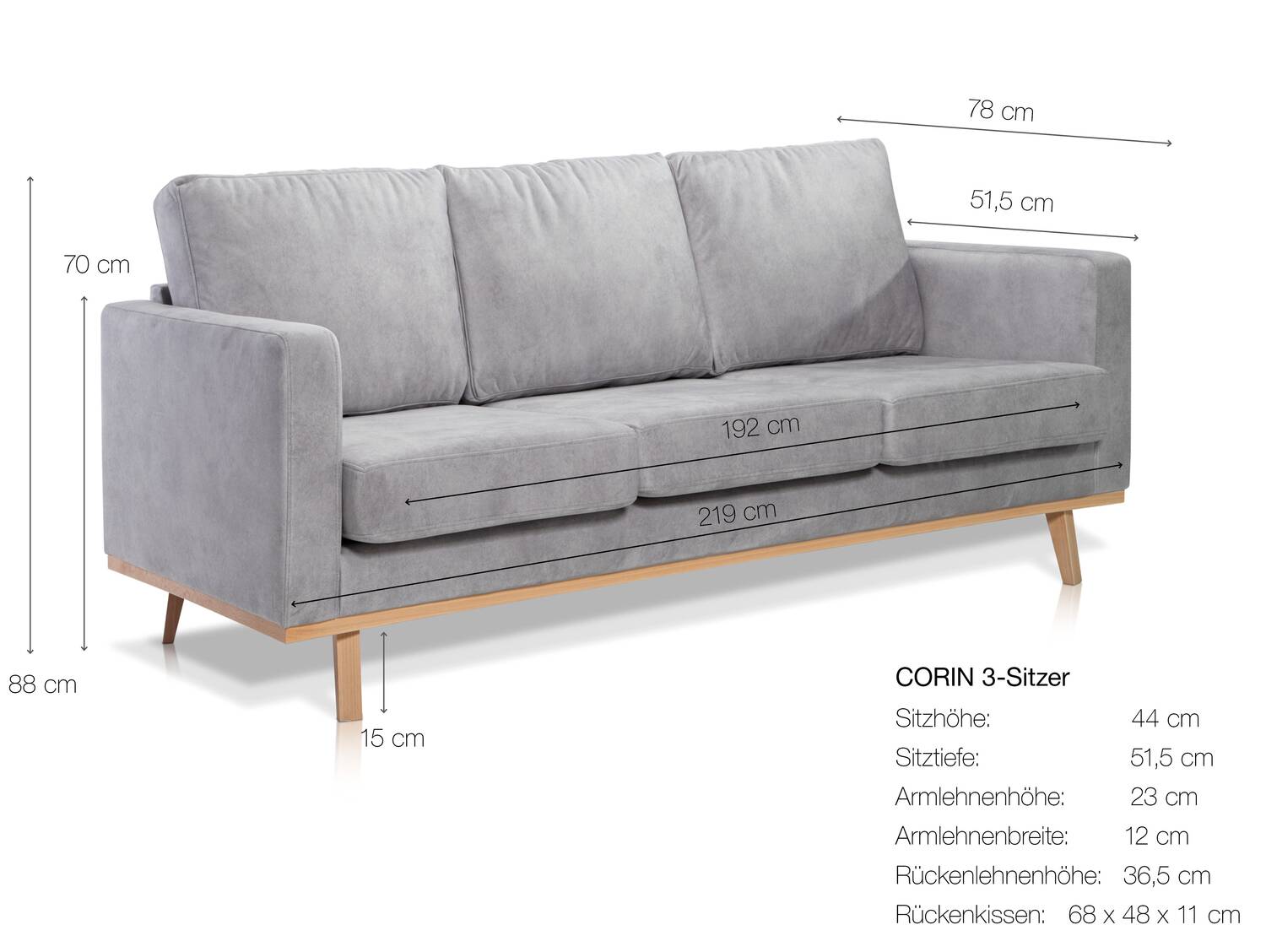 CORIN 3-Sitzer Sofa mit Echtholz-Untergestell, Bezug in Velour-Optik Silbergrau