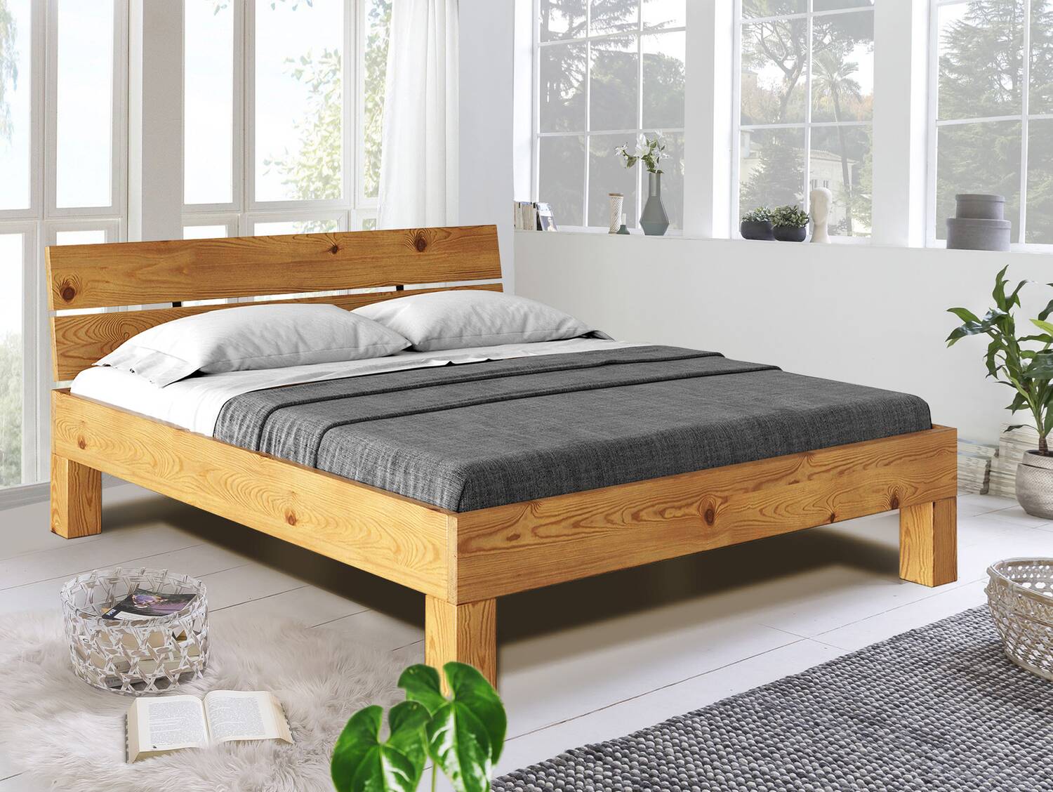 CURBY 4-Fuß-Bett mit Kopfteil, Material Massivholz, rustikale Altholzoptik, Fichte 90 x 200 cm | natur | Standardhöhe