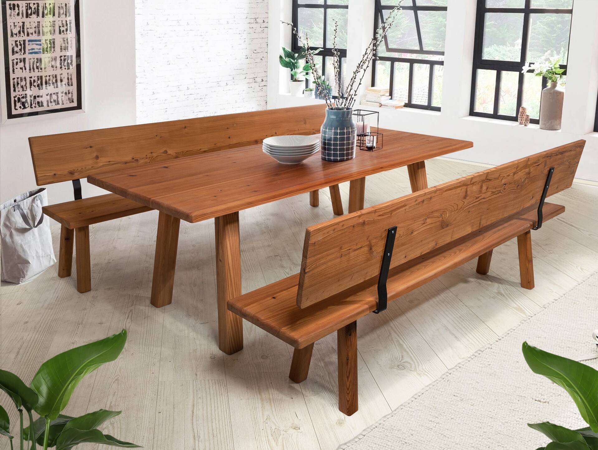 STARNBERG Sitzbank mit Rücken, Material Massivholz, Lärche gedämpft 160 cm | lackiert