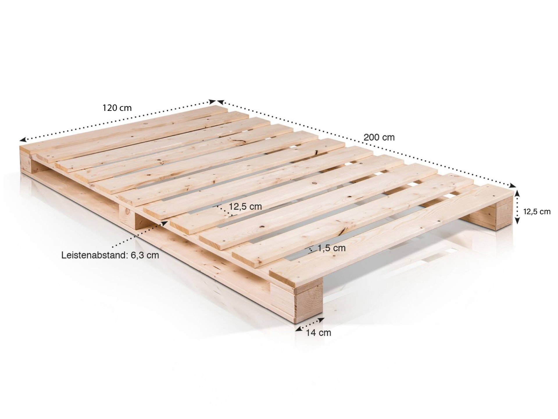 PALETTI Massivholzbett / Palettenbett 120 x 200 cm | Fichte natur