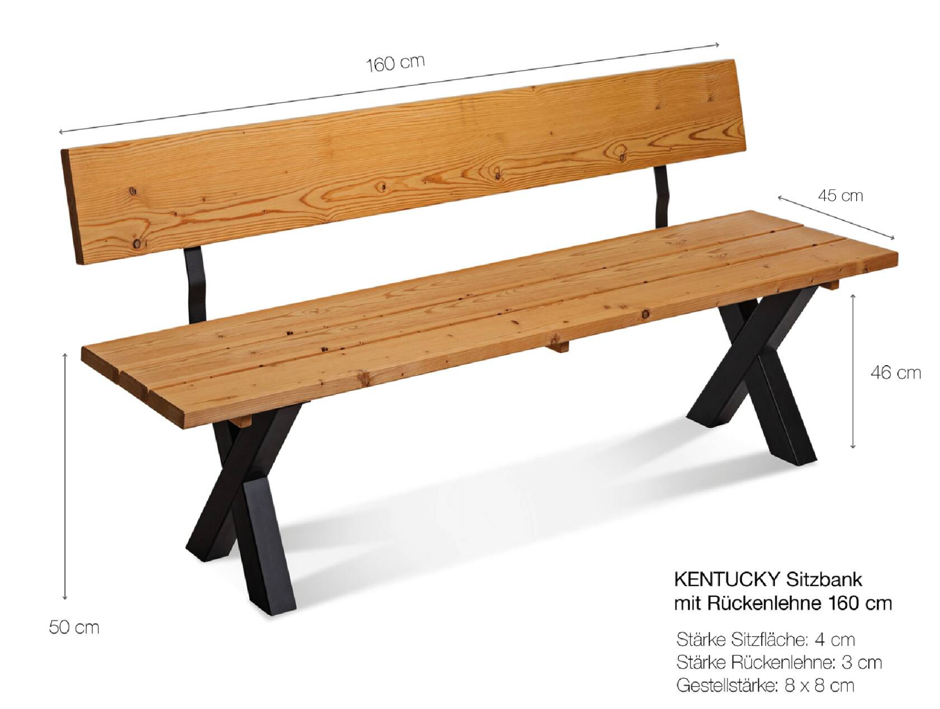 KENTUCKY Sitzbank / Gartenbank mit X-Beinen, Altholzoptik, Material Massivholz, THERMO-Fichte gebürstet/lasiert 160 cm | mit Rückenlehne | natur