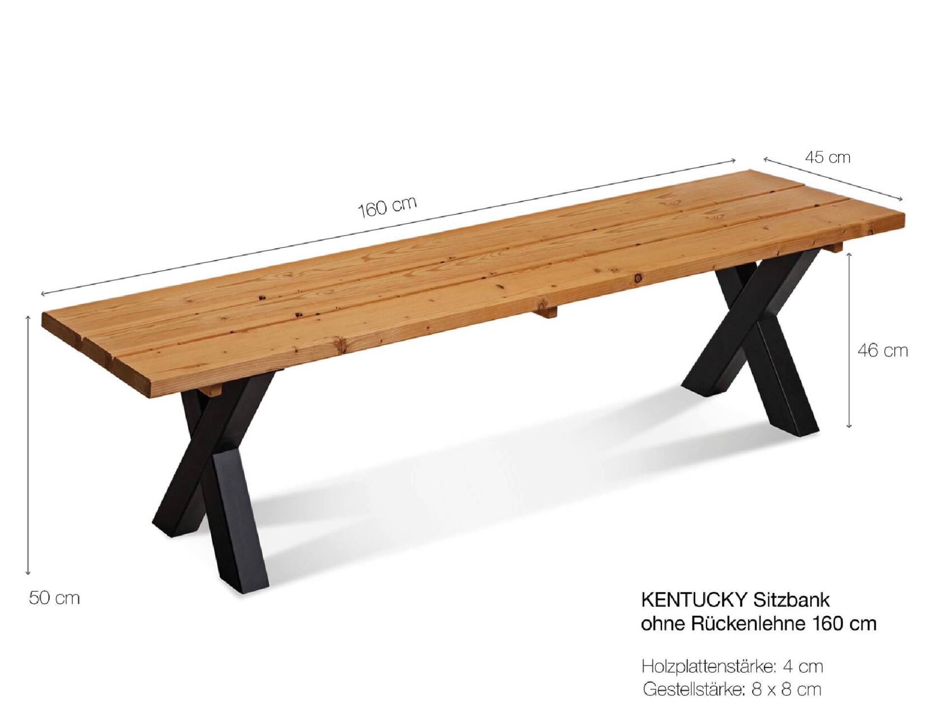 KENTUCKY Sitzbank / Gartenbank mit X-Beinen, Altholzoptik, Material Massivholz, THERMO-Fichte lackiert 160 cm | ohne Rückenlehne | natur