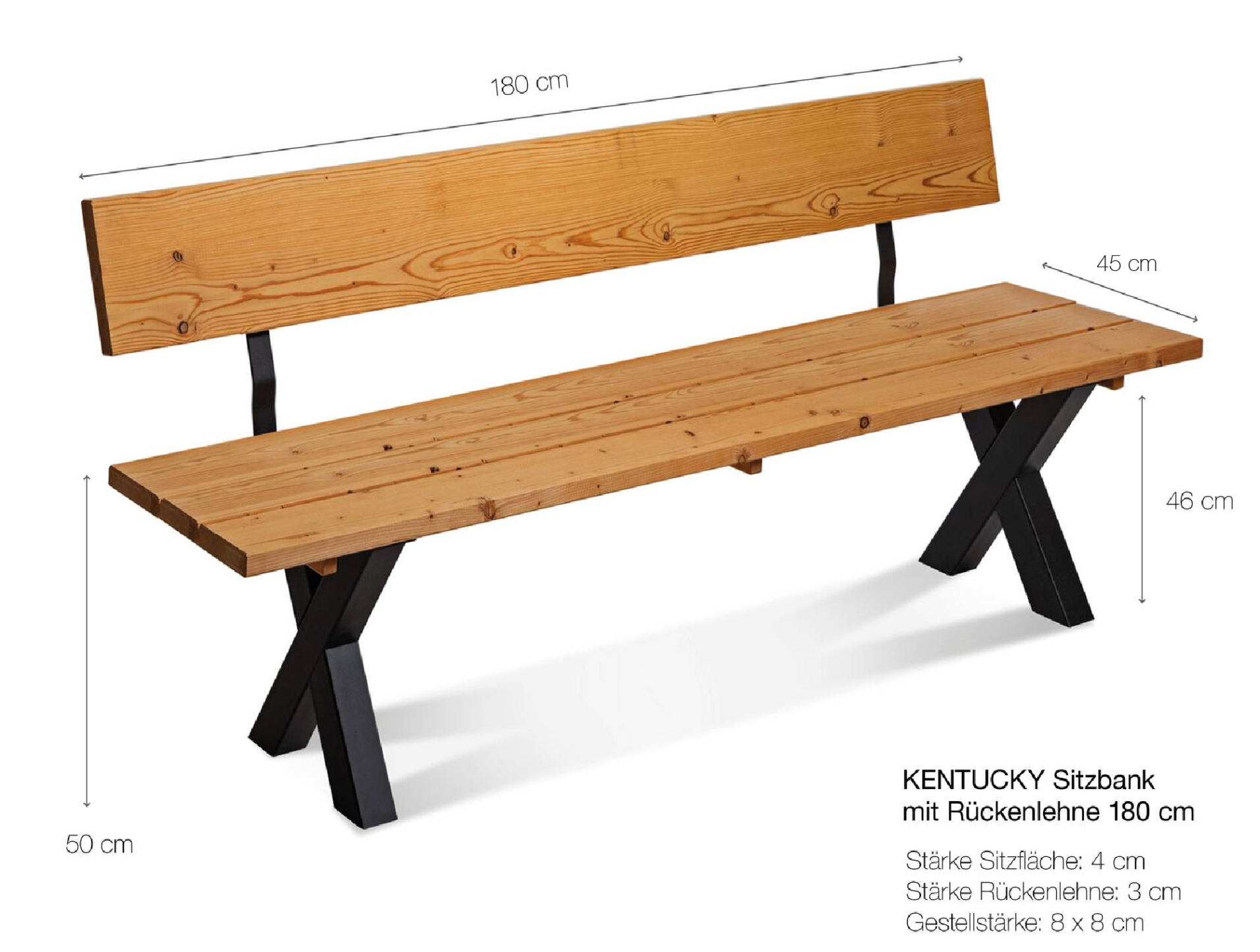 KENTUCKY Sitzbank / Gartenbank mit X-Beinen, Altholzoptik, Material Massivholz, THERMO-Fichte gebürstet/lasiert 180 cm | mit Rückenlehne | natur