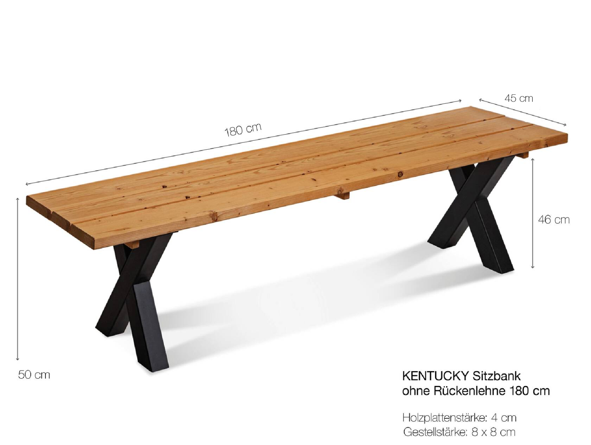 KENTUCKY Sitzbank / Gartenbank mit X-Beinen, Altholzoptik, Material Massivholz, THERMO-Fichte gebürstet/lasiert 180 cm | ohne Rückenlehne | natur