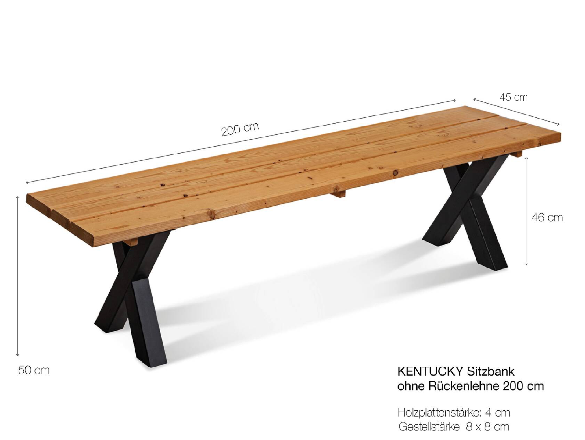 KENTUCKY Sitzbank / Gartenbank mit X-Beinen, Altholzoptik, Material Massivholz, THERMO-Fichte gebürstet/lasiert 200 cm | ohne Rückenlehne | natur