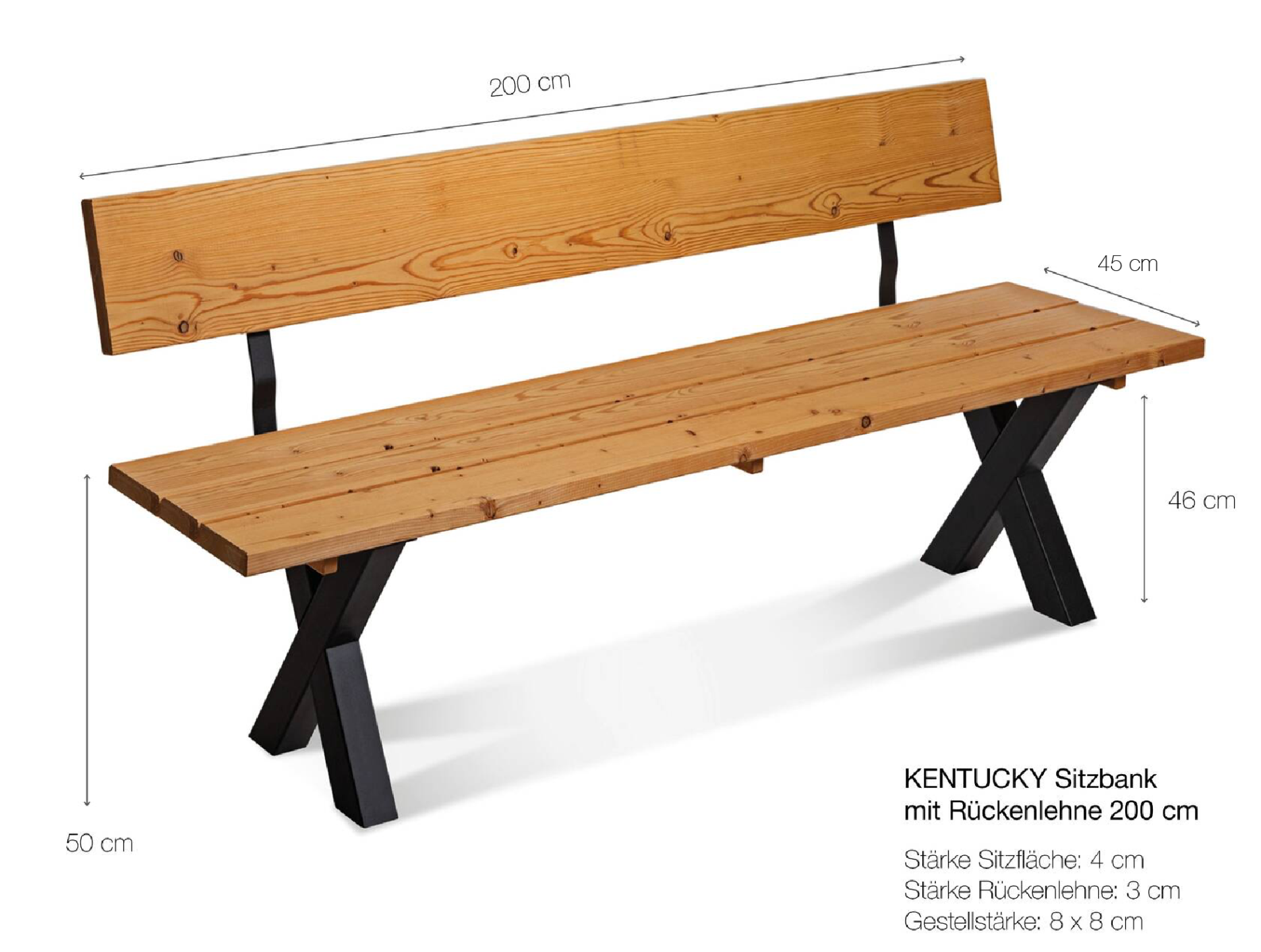 KENTUCKY Sitzbank / Gartenbank mit X-Beinen, Altholzoptik, Material Massivholz, THERMO-Fichte gebürstet/lasiert 200 cm | mit Rückenlehne | natur