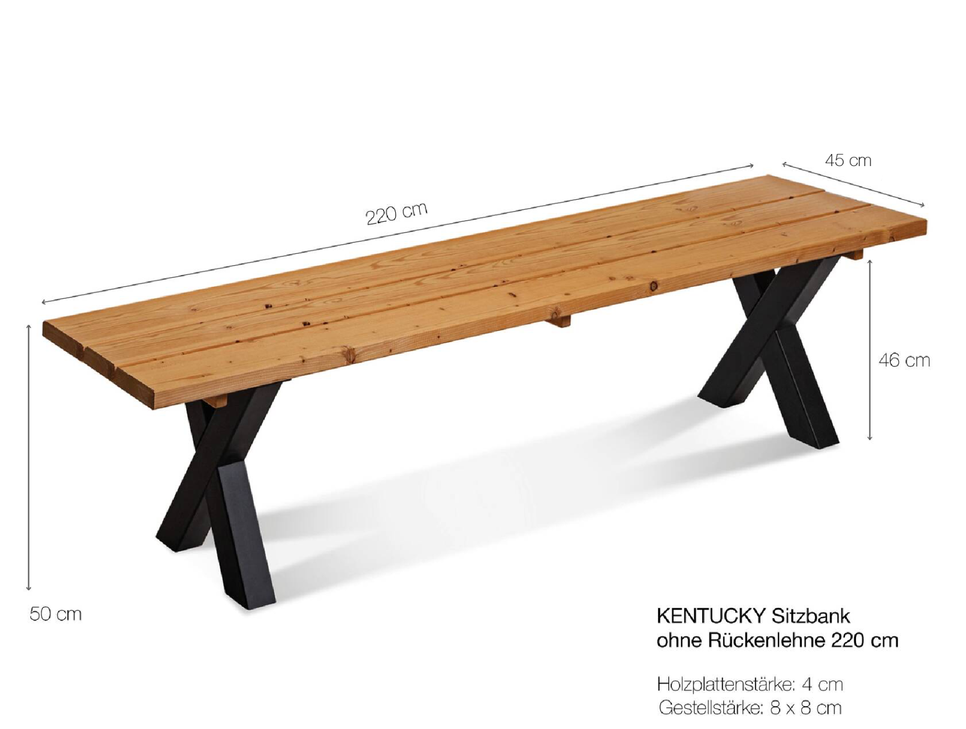 KENTUCKY Sitzbank / Gartenbank mit X-Beinen, Altholzoptik, Material Massivholz, THERMO-Fichte gebürstet/lasiert 220 cm | ohne Rückenlehne | natur