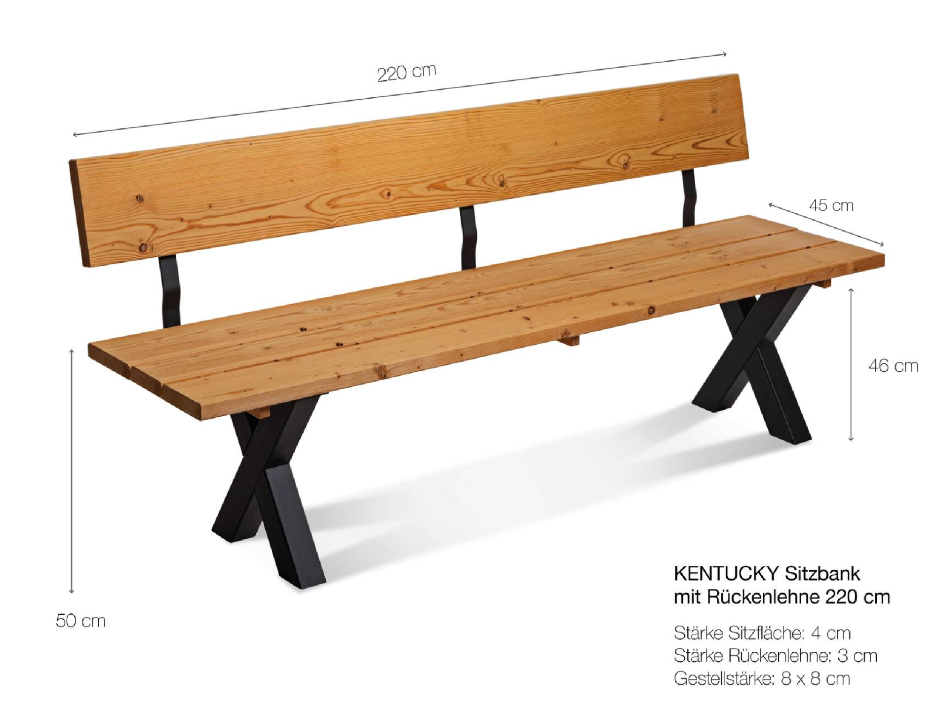 KENTUCKY Sitzbank / Gartenbank mit X-Beinen, Altholzoptik, Material Massivholz, THERMO-Fichte gebürstet/lasiert 220 cm | mit Rückenlehne | natur