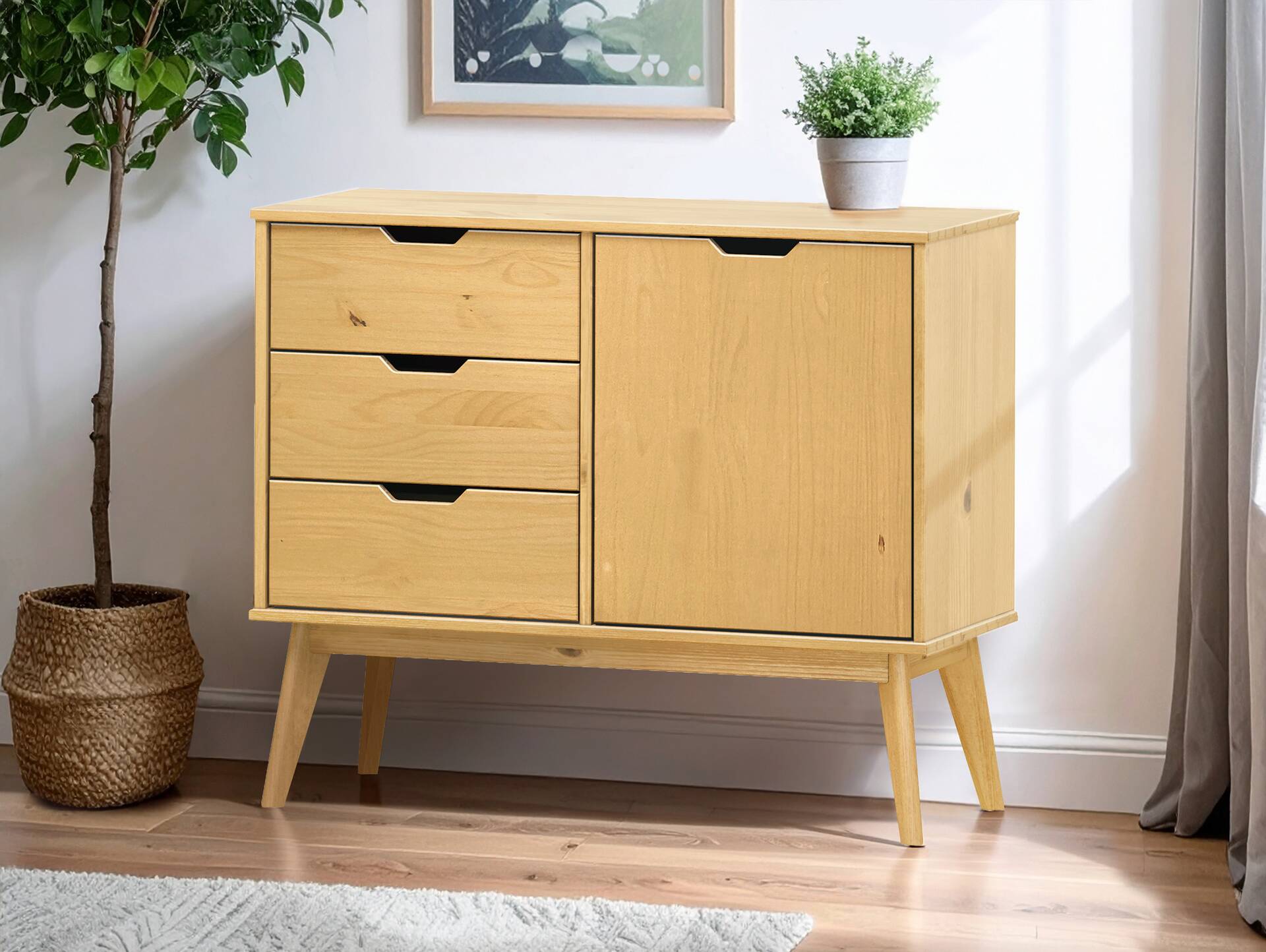 BARNY Kommode 1 Tür + 3 Schubkästen, Material Massivholz, Kiefer Kiefer gewachst