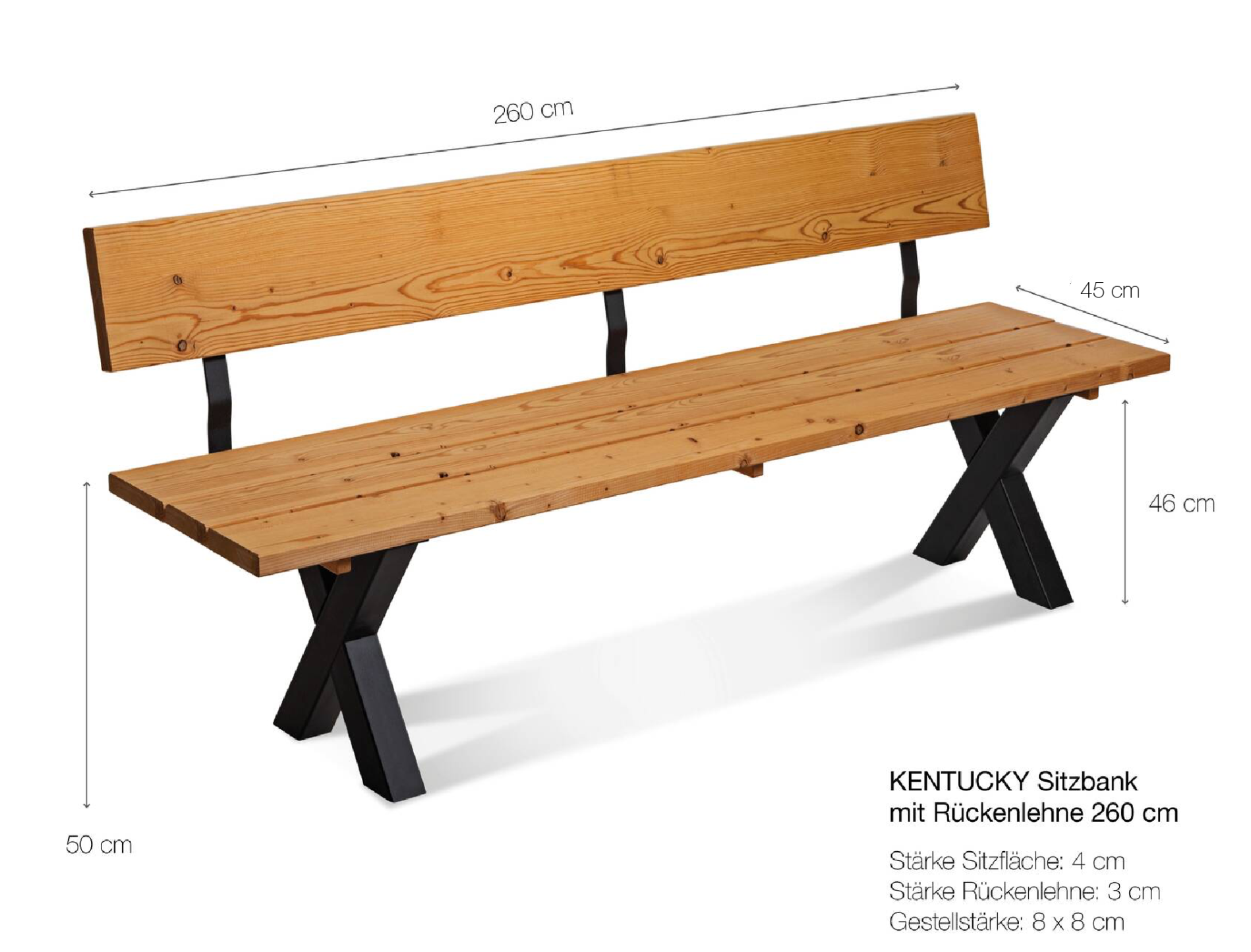 KENTUCKY Sitzbank / Gartenbank mit X-Beinen, Altholzoptik, Material Massivholz, THERMO-Fichte gebürstet/lasiert 260 cm | mit Rückenlehne | natur