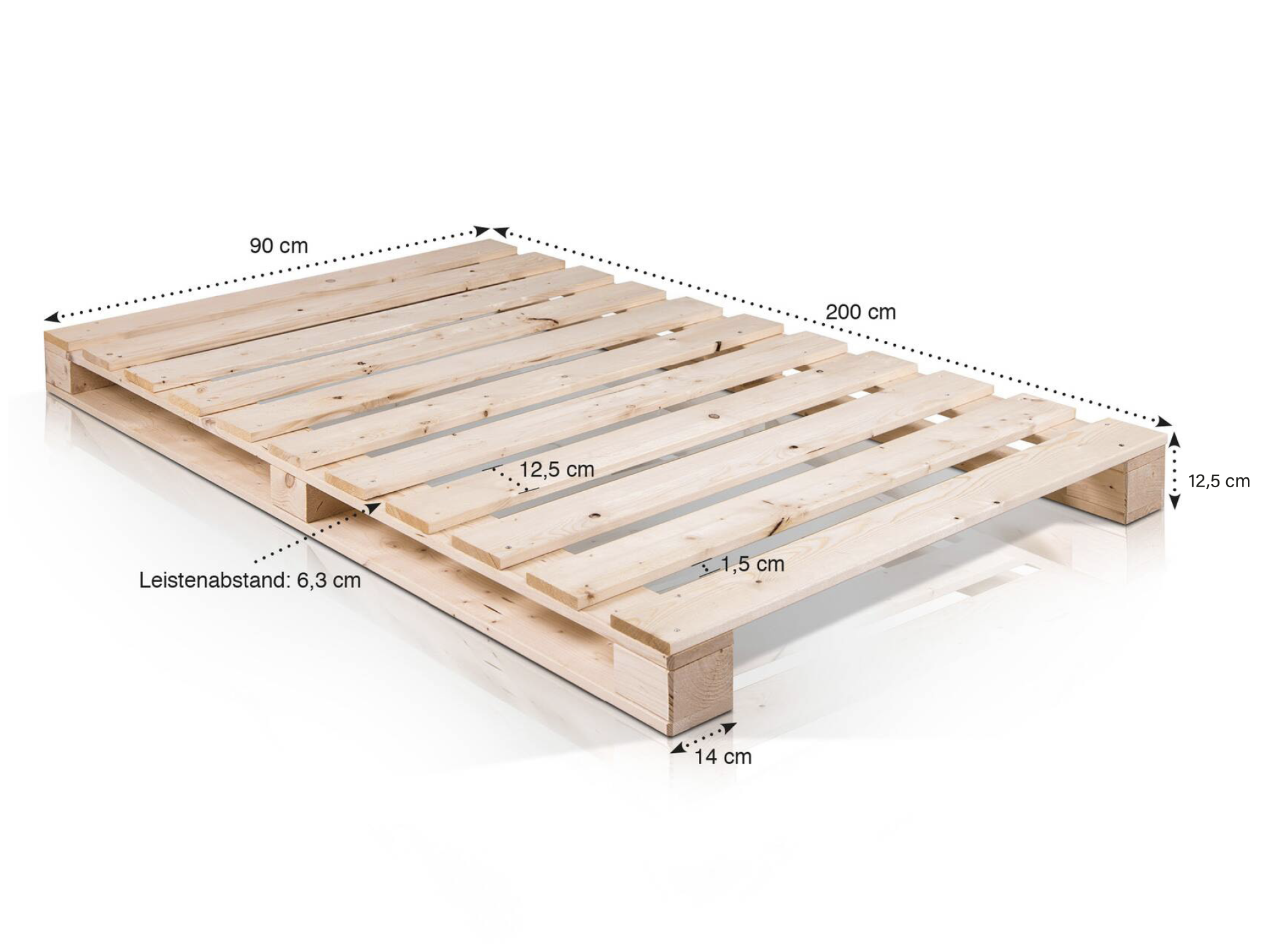 PALETTI Massivholzbett / Palettenbett 90 x 200 cm | Fichte natur