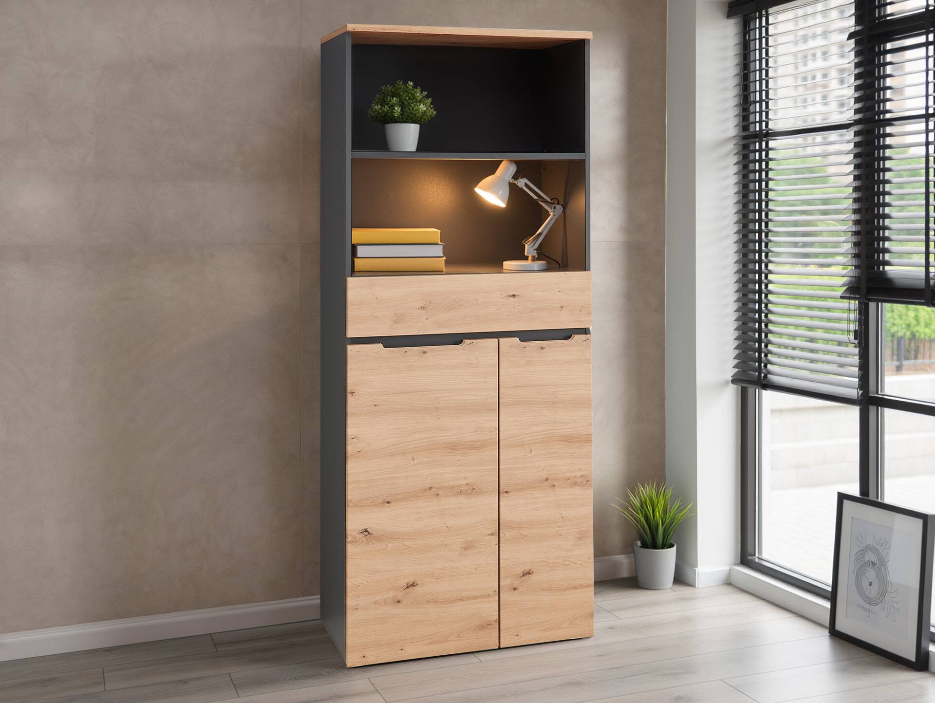 MAILAND Büroschrank II, Material Dekorspanplatte Artisan Eichefarbig / Graphit