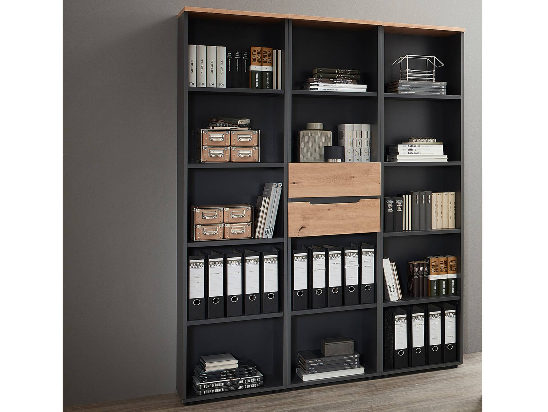 MAILAND Büroregal II, Material Dekorspanplatte Artisan Eichefarbig / Graphit
