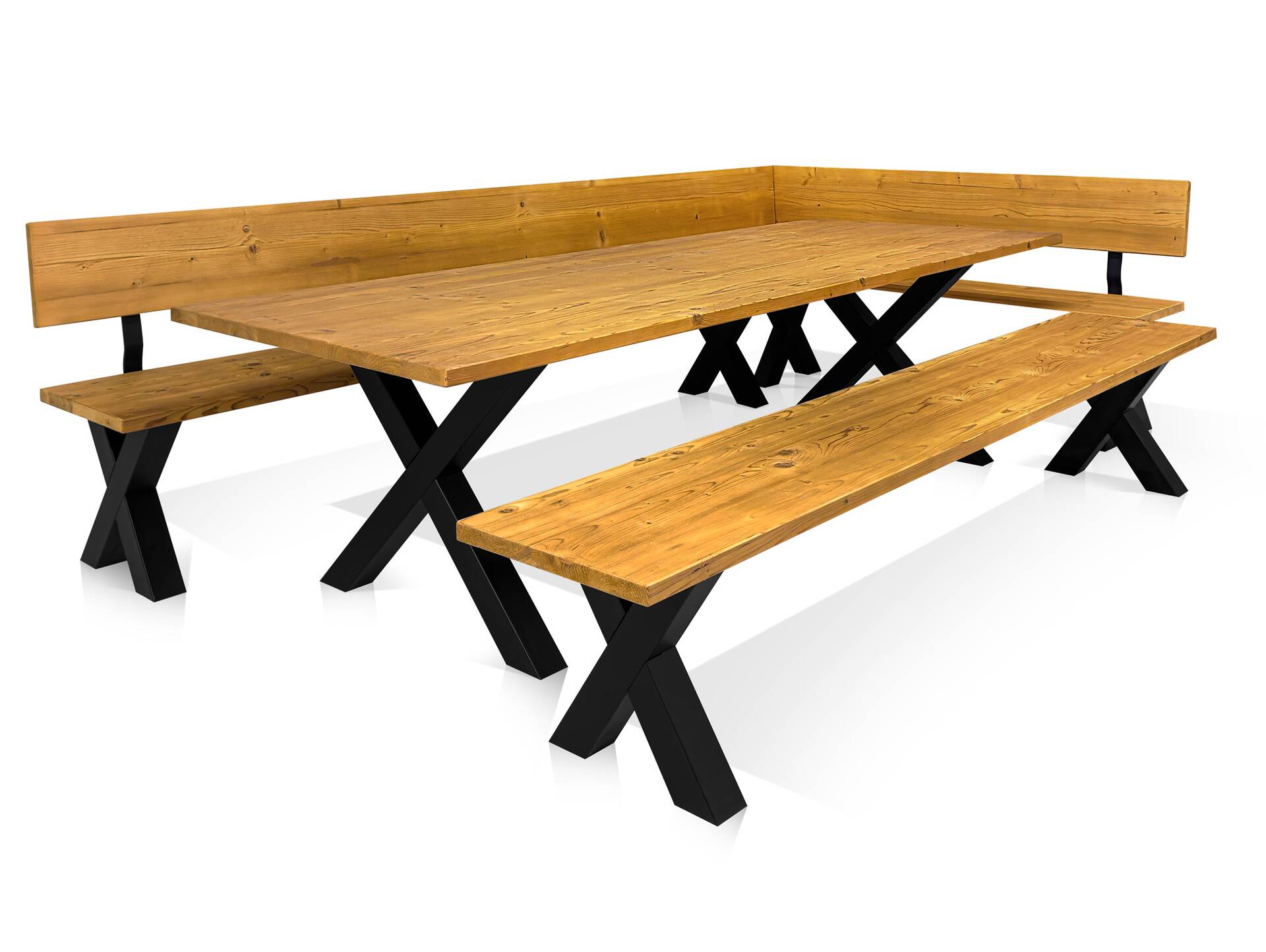 ALABAMA Eckbank mit X-Beinen, Altholzoptik, Material Massivholz, THERMO-Fichte lasiert 224 x 167 cm | natur