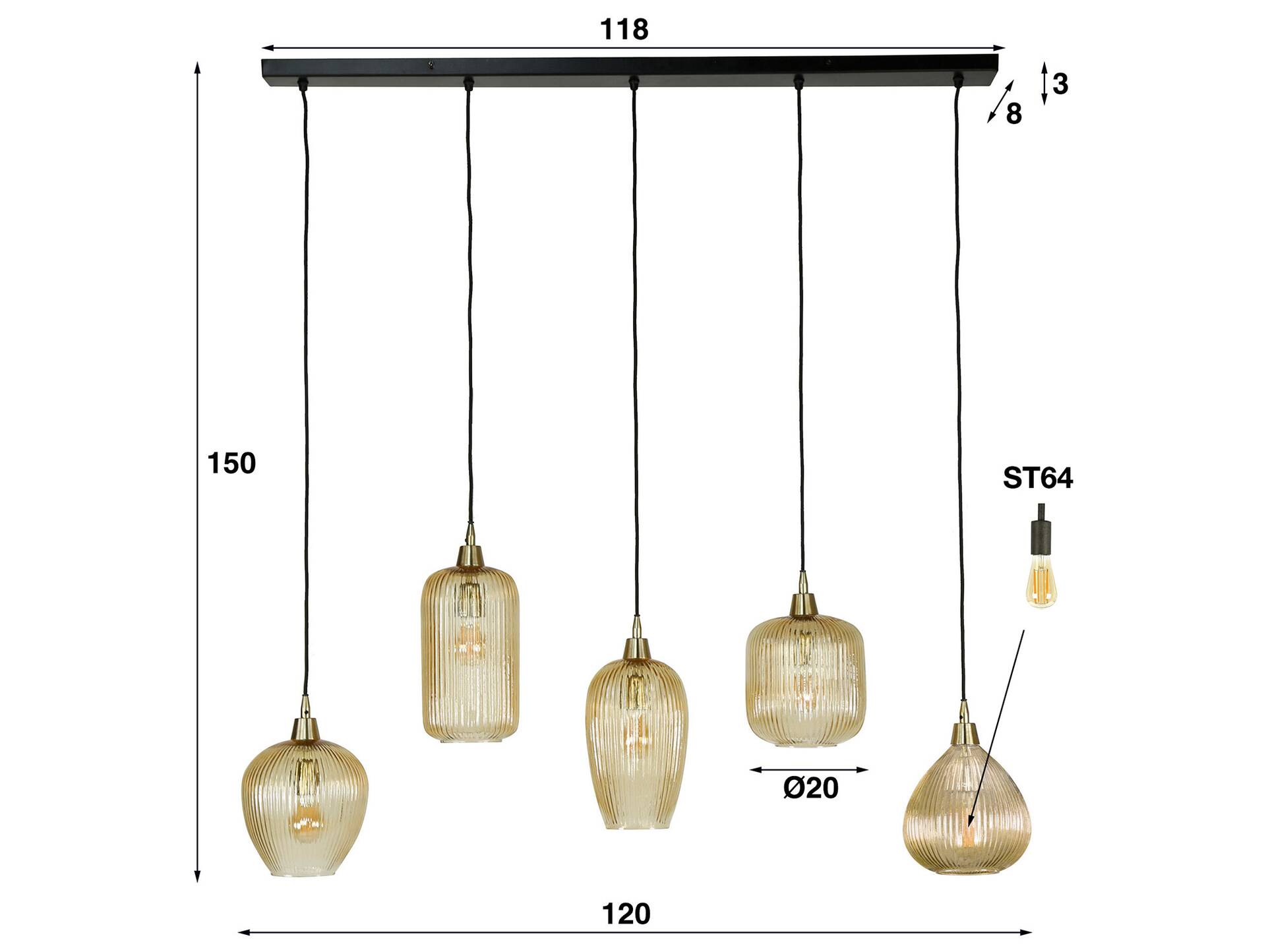 NIKRO Hängelampe, 5-flammig, Glasschirme gestreift 