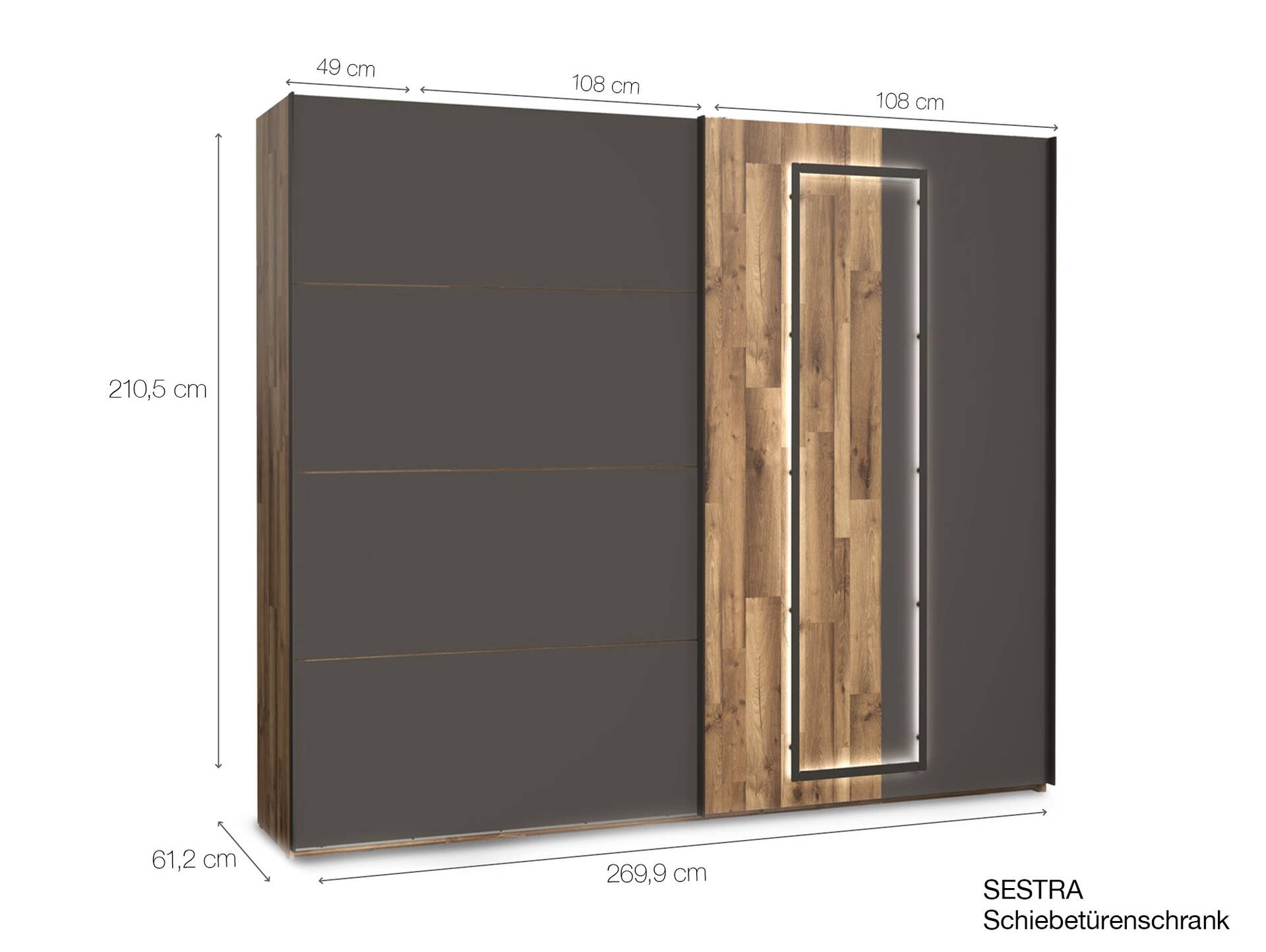 SESTRA Schiebetürenschrank, Material Dekorspanplatte, stabeichefarbig / grau 