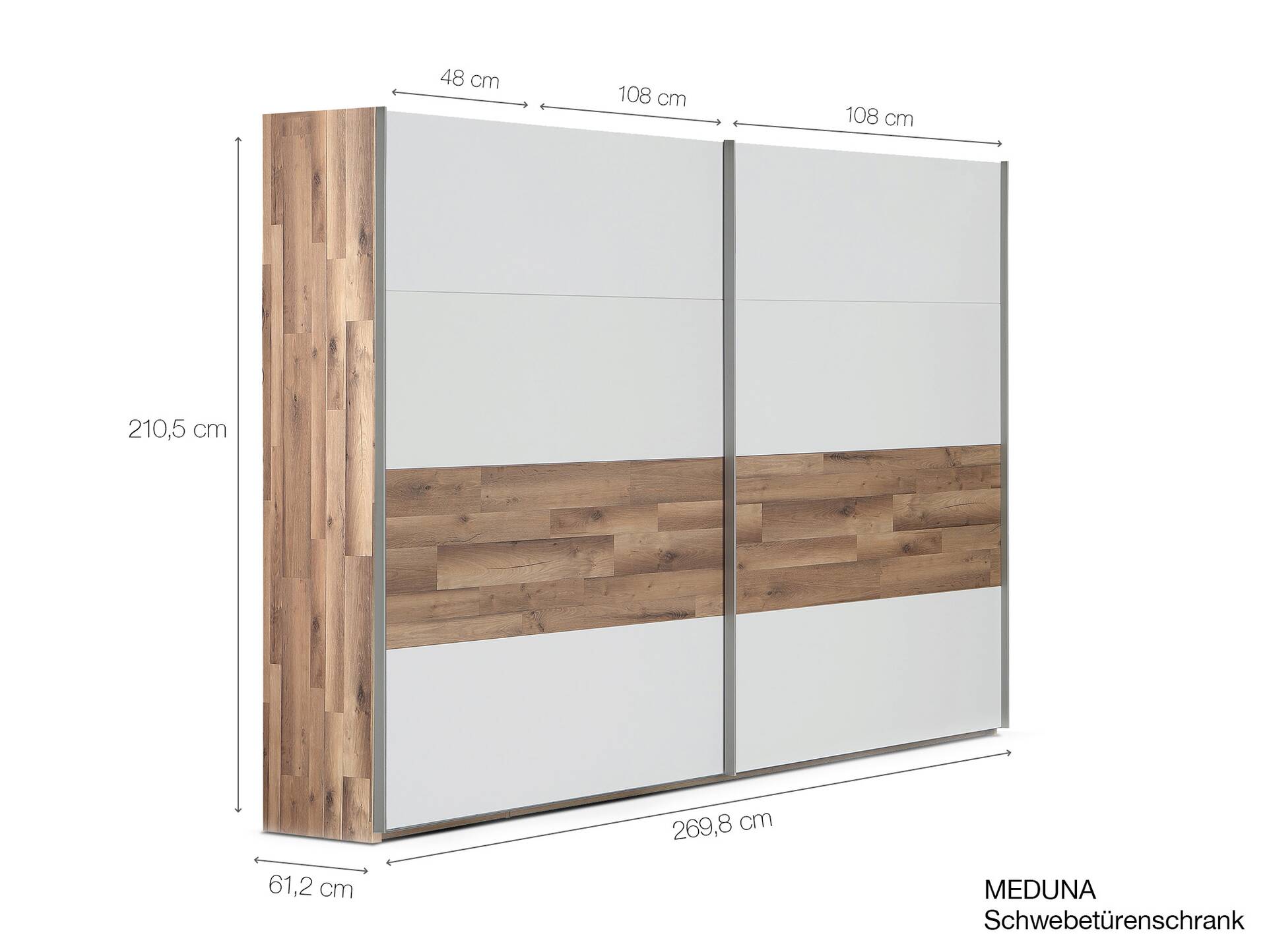 MEDUNA Schwebetürenschrank, Breite 270 cm, Material Dekorspanplatte, eichefarbig/weiss 